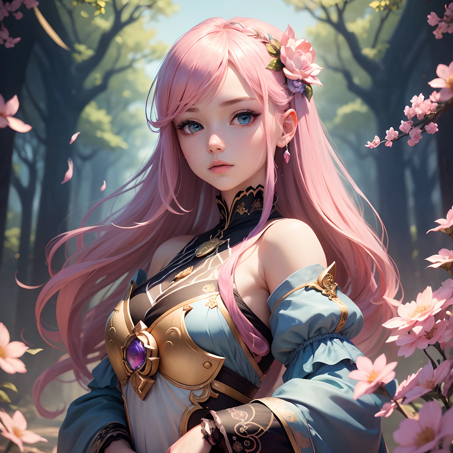 A twelve year old noble girl with pink hair and blue eyes, (beautiful detailed eyes,beautiful detailed lips,extremely detailed eyes and face,longeyelashes) in the art style of Genshin Impact. The girl is wearing an elegant, flowing dress adorned with intricate lace details. Her dress matches her hair perfectly and adds a touch of ethereal beauty to her appearance. The girl's gaze is confident yet gentle, as she gazes into the distance with a sense of curiosity and wonder. Soft sunlight falls on her from above, casting a warm glow on her skin and illuminating the delicate features of her face. The overall image is of the highest quality, with ultra-detailed rendering and vivid colors. The artwork captures the essence of the Genshin Impact art style, combining anime-inspired aesthetics with realistic elements. The color palette is rich and vibrant, with a focus on pastel shades to enhance the dreamlike atmosphere. The lighting is soft and natural, creating a serene and enchanting ambiance. This prompt represents a masterpiece-level artwork, with the level of detail and craftsmanship that can rival professional illustrations. It evokes a sense of beauty and elegance, inviting viewers to immerse themselves in the whimsical world of fantasy and adventure.