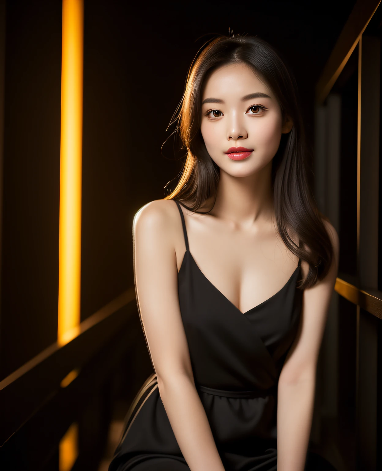 Sunset, ((highest resolution, 8K, masterpiece 1.3)), beautiful girl, pure, melon face, gentle and cute, sweet smile, pure desire, slender body, ((facing the camera)), (tilting her head) ), back, chic black adult dress, long smooth black straight hair, long flowing shoulders, round black big eyes, clear big eyes, moist red lips, sweet, sitting on a chair, night view terrace background, ((waist shot)),