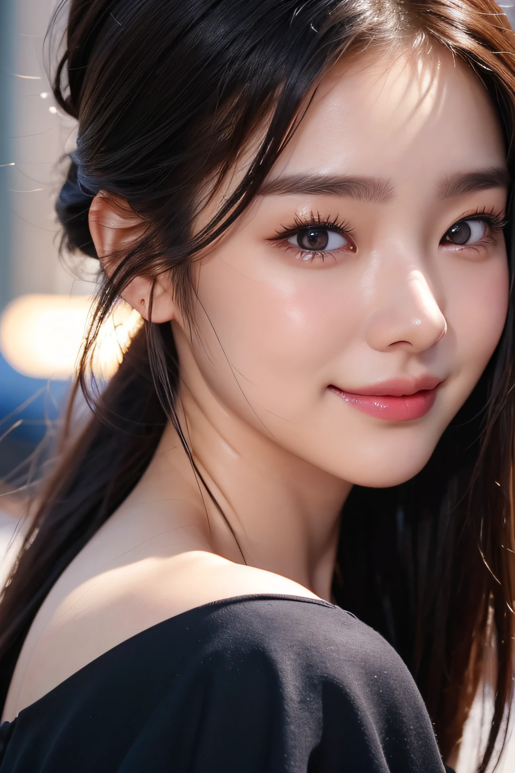Body portrait, 8K, thin and beautiful eyes, Dindal effect, masterpiece, top quality, high quality, high resolution, very detailed photo, (natural skin texture, fine skin, hyper realism, super sharpness), high detail skin, (very fine, fine skin texture, intricate details, beautiful face, (realistic face), realistic eyes, beautifully detailed eyes, realistic skin, beautiful skin, surreal, very detailed Golden ratio, smiling eyes, ((night moonlight background) )), body portrait, G cup, big breasts, huge breasts, big breasts, glamorous, sexy knit dress,