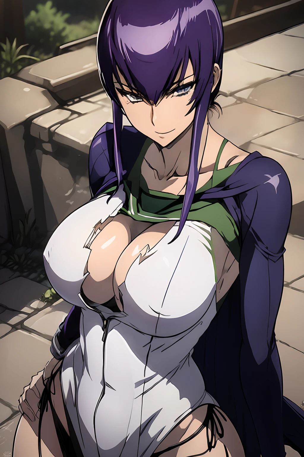 Saeko Busujima, traje de Powergirl, superman, Supergirl, cuerpo completo, capa verde, capa ondeando, Traje blanco, cielo, medio dia, tierra, sol,