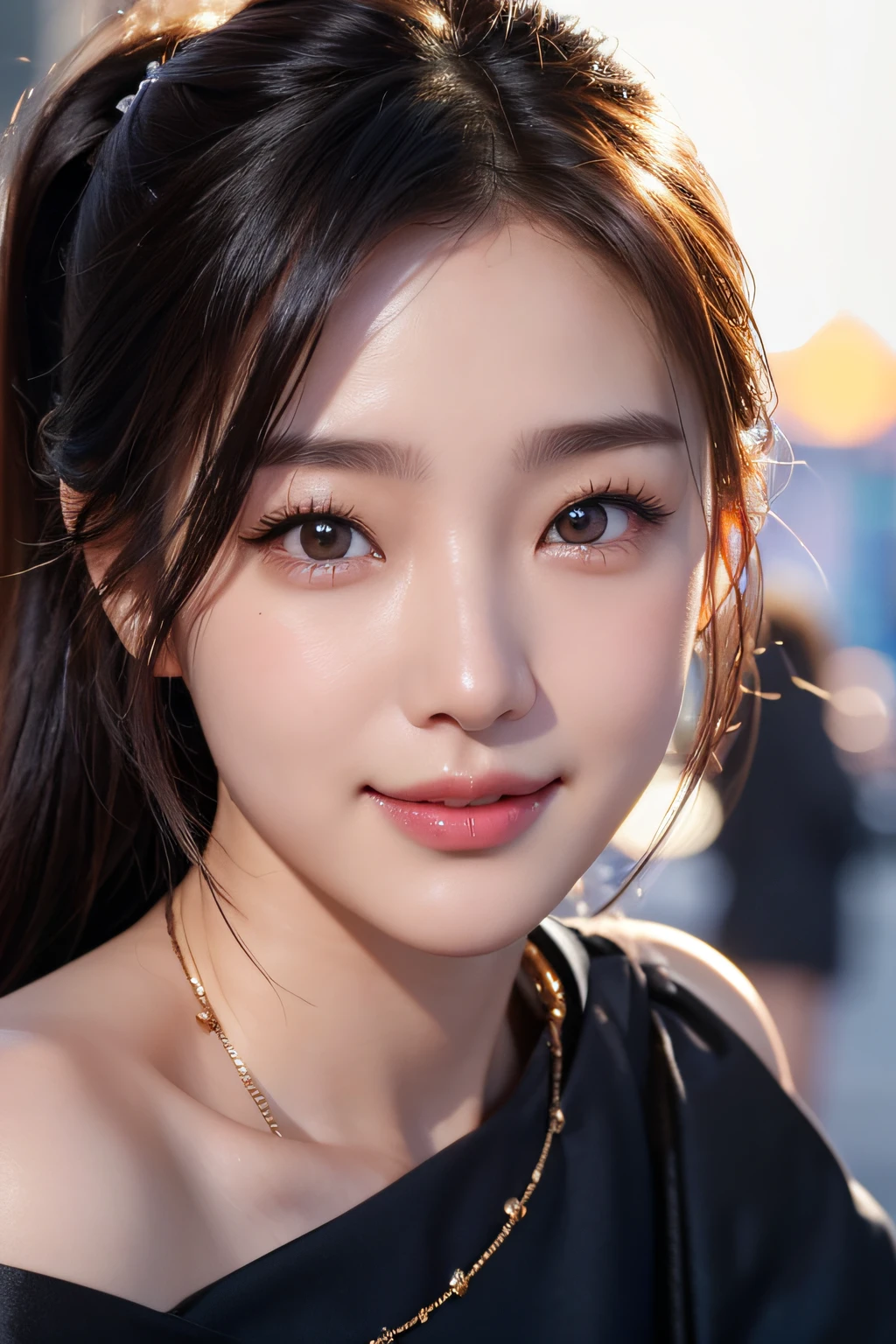 ((facial close-up))、realistic photos of (1 Cute Korean actress 25 years old), Black and blue off-shoulder figures, In the city at night, Smiling, Canon EOS, Clear facial features, portrait closeup, Cinematic Mode, 8K、poneyTail、facial close-up