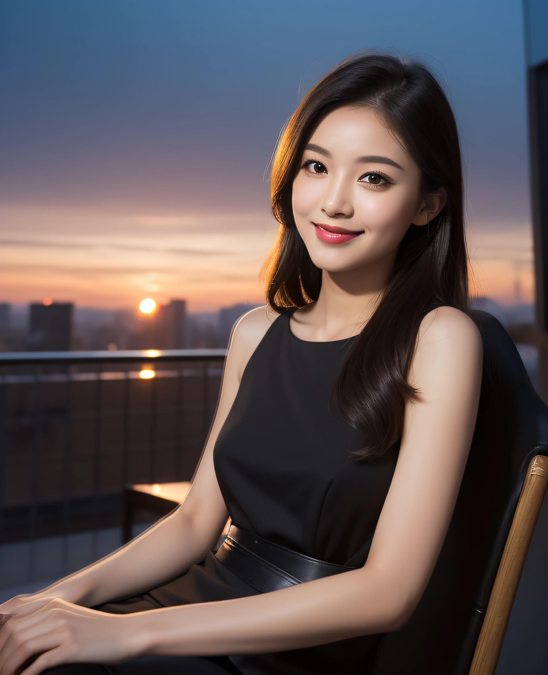 Sunset, ((highest resolution, 8K, masterpiece 1.3)), beautiful girl, pure, melon face, gentle and cute, sweet smile, pure desire, slender body, ((facing the camera)), (tilting her head) ), back, chic black adult dress, long smooth black straight hair, long flowing shoulders, round black big eyes, clear big eyes, moist red lips, sweet, sitting on a chair, night view terrace background, ((waist shot)),