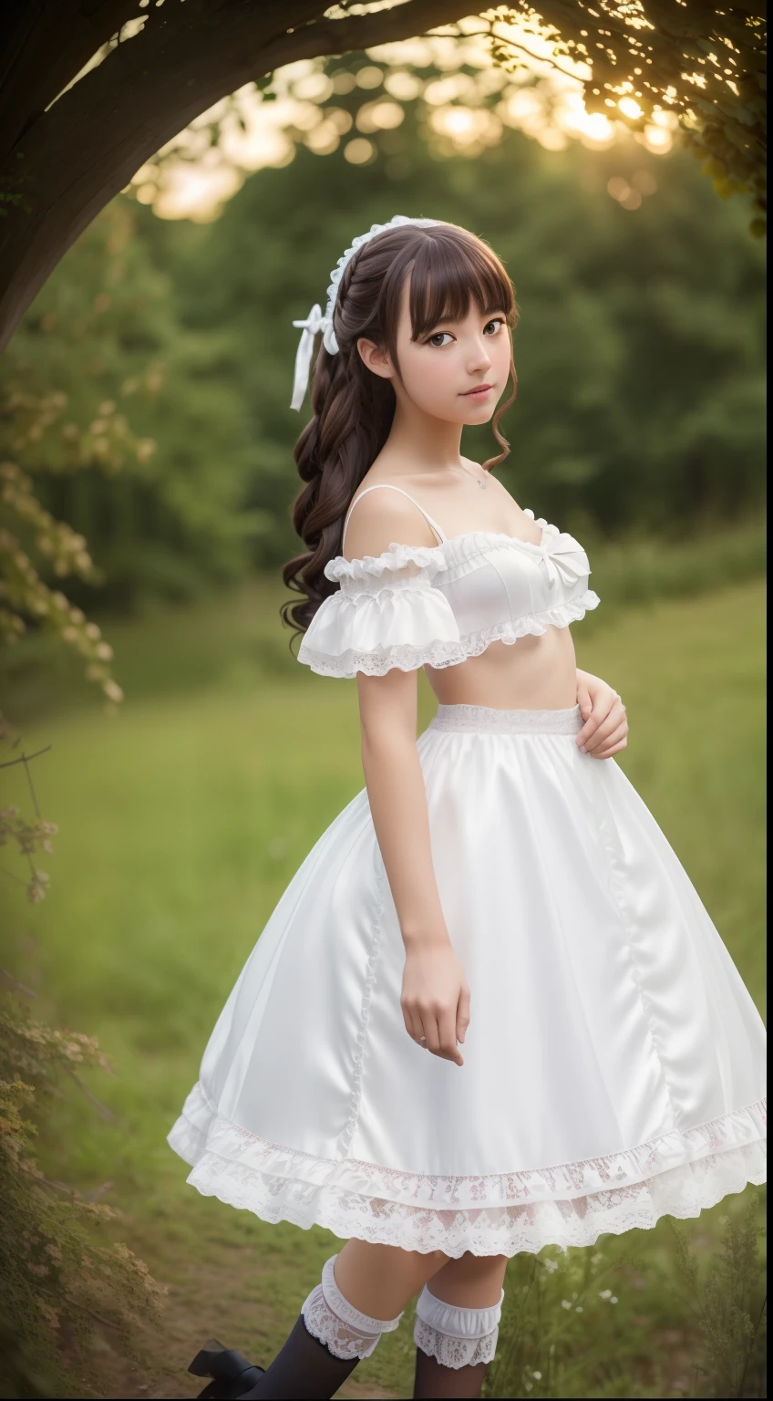 （8K， Raw photos， beste-Qualit， tmasterpiece：1.2），（Realistic， The photo is realistic：1.4)
Lolita costume，lace， Aerith Gainsborough， Upper torso， underwear，bare shoulders， exterior， The Old Castle， hiquality， Adobe Lightroom， high skin detail， Looking at Viewert， --auto