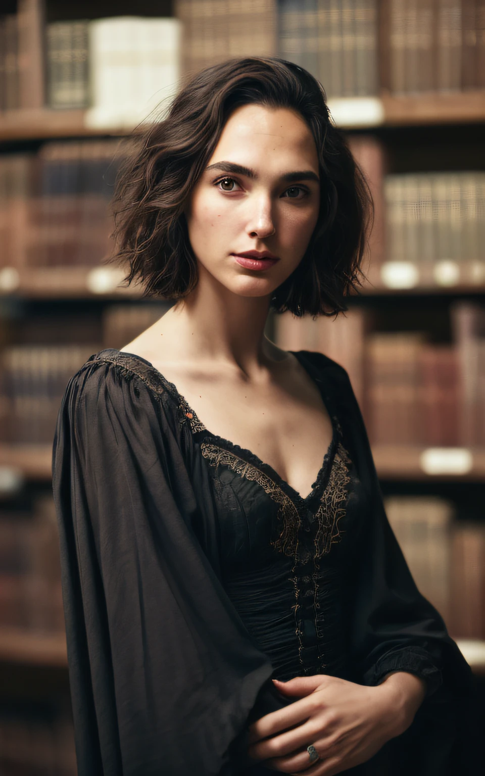 (Melhor Tiro, fotografia editorial de uma jovem de 30 anos gal gadot), (rosto altamente detalhado:1.4) (sorrir:0.7) (fundo biblioteca dentro escuro, Moody, estudo privado:1.3), Steampunk Pirate Airship, Directed by: Lee Jeffries, Nikon D850 | | | | | | | | | | | | | | | | | | | | | | | | | | | | | |, Fotografia Stock Film, 4 Kodak Portra 400 ,camera f1.6 lentes, cores ricas, hyper realistic, Textura realista, dramatic lighting, Cinestill 800 Flowing Dress with Messy Black Fabrics Short Hair, sérdas, (sardas:].4), pale skinned,