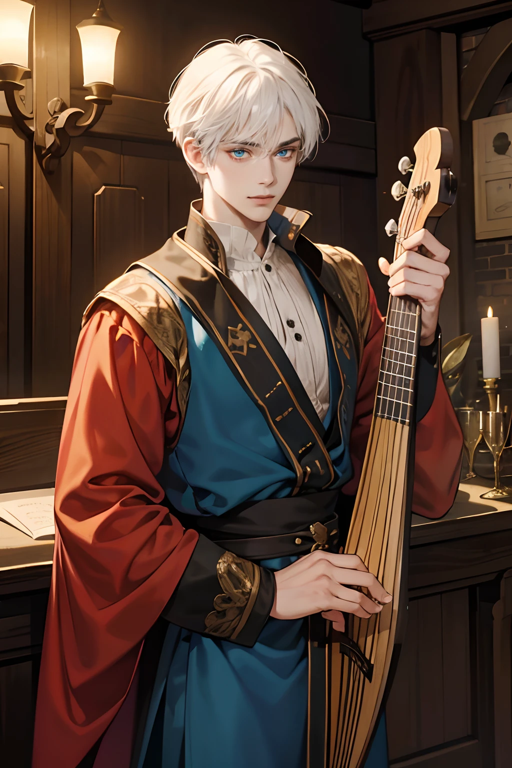 A handsome man with short medium-sized hair,White hair and blue eyes,bard holding a lute, um artista trovador medieval, um artista da era medieval, um bardo elegante para um RPG, uma Arte medieval, He's in a dark wooden room with little light, iluminada por tochas, luz baixa, Exotic warm colors in a mysterious and sexy theme, smile,eyes look at the camera.