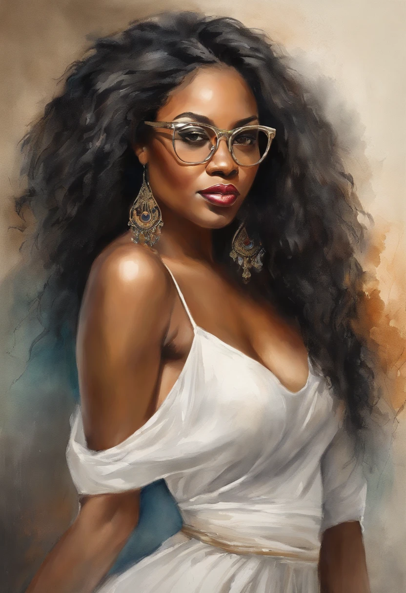 ((Hyper-Resolution)), (Complex details), african american woman, full bodyesbian, a white long skirt, Very beautiful and elegant African American woman, 30 I,55 kg, Sexy, ccurateblack hair, Black Hair Color, perfect hair, A strand of fine hair, detail in face, in a office, Wear video school glasses