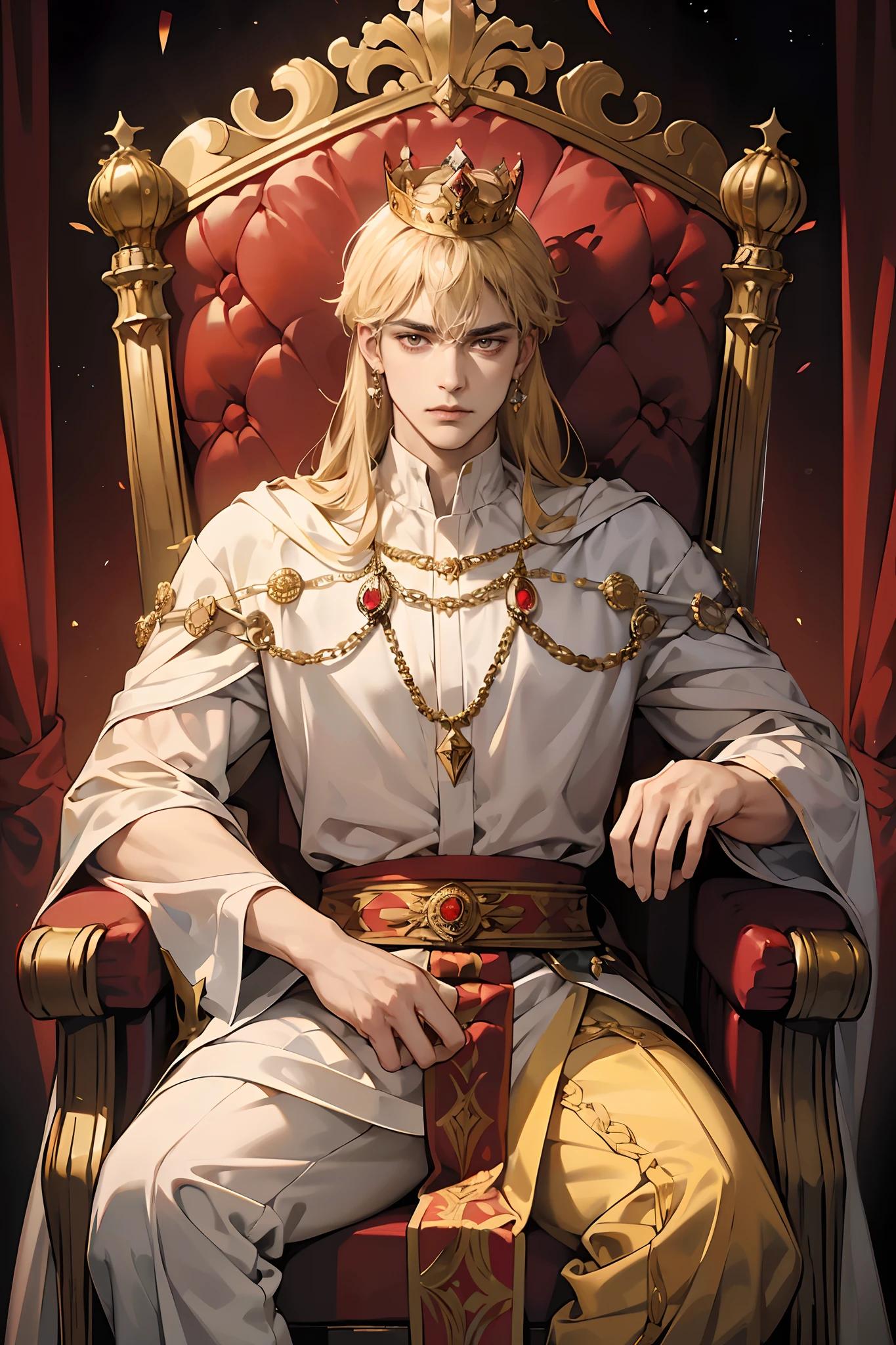 (A handsome man,king,Wearing a crown and gorgeous jewels,serious face, sit on throne and frown), king medieval, um king RPG, uma Arte medieval, He's in a dark luxurious room with little light, iluminada por tochas, luz baixa, Exotic warm colors in a mysterious and sexy theme,eyes look at the camera.