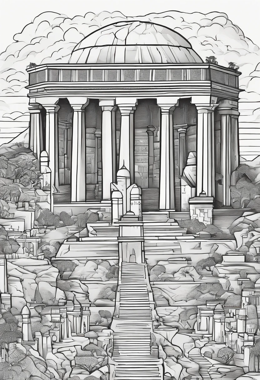 create a doodle art with pen, The Colosseum in Italy, Petra in Jordan, Chichen Itza in Mexico, Christ the Redeemer in Brazil, Machu Picchu in Peru, Taj Mahal in India and The Great Wall of China