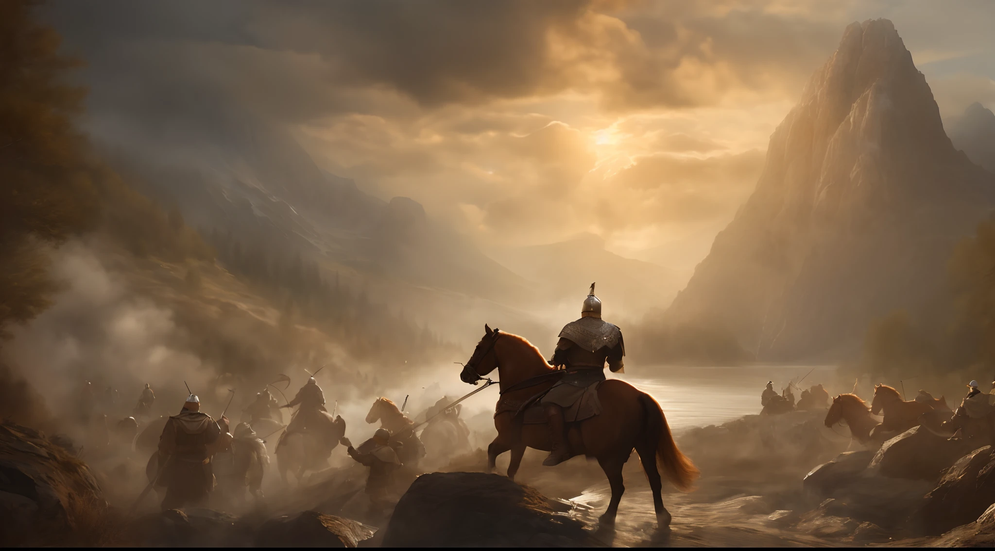 A man rides a horse in a mountainous area, Darek Zabrocki, Stunning 8k artwork, by Artur Tarnowski, award winning epic painting, based on Igor Kerylyuk, wojtek fus, 4 thousand. concept-artov, 4k concept art, Epic digital concept art, based on Raphael Lacoste, Epic Digital Painting