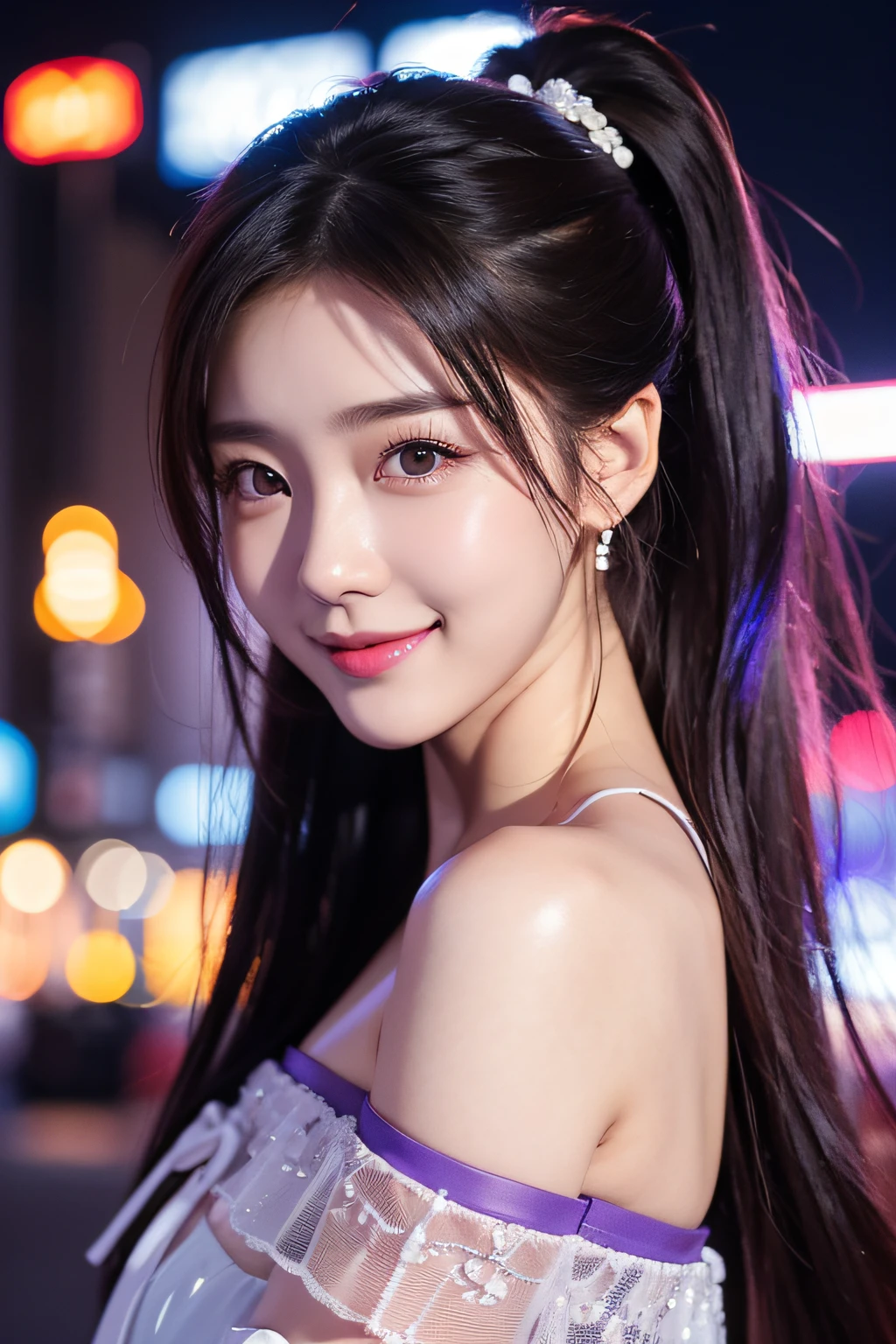 realistic photos of (1 Cute Korean actress 25 years old), Purple off-shoulder figure, In the city at night, Smiling, Canon EOS, Clear facial features, portrait closeup, Cinematic Mode, 8K、poneyTail、