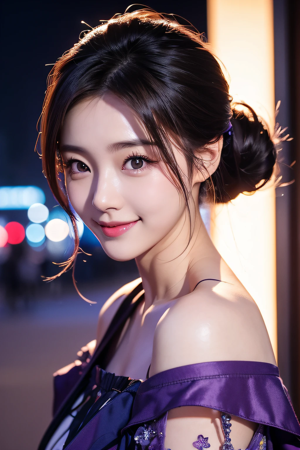 realistic photos of (1 Cute Korean actress 25 years old), Purple off-shoulder figure, In the city at night, Smiling, Canon EOS, Clear facial features, portrait closeup, Cinematic Mode, 8K、poneyTail、