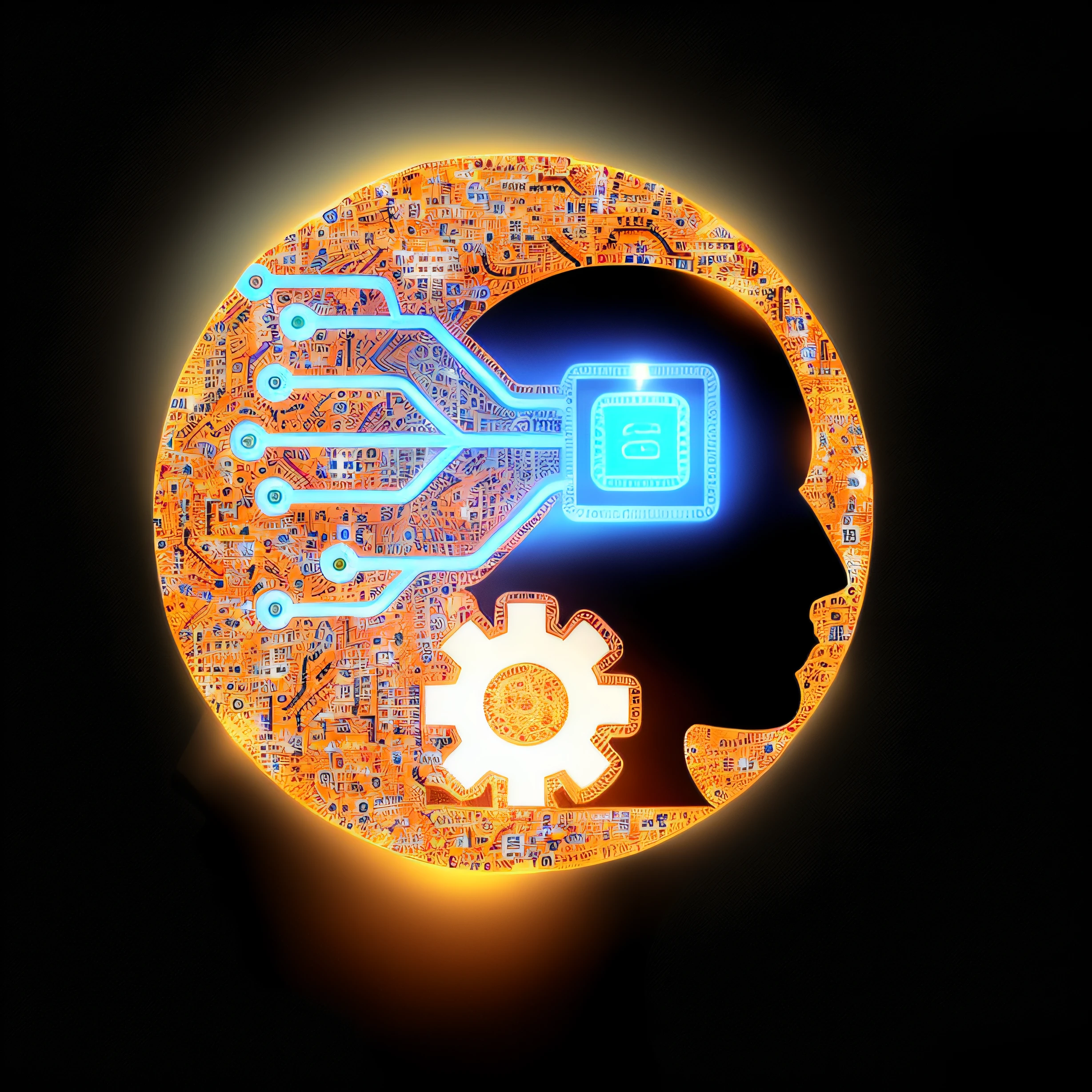 There is an image of a person with a head with a circuit in it, icon for an ai app, Artificial intelligence logo, com tema ai, Artificial intelligence, neuromorphic chip, infinite collaboration with AI, strong artificial intelligence, Retrato de uma IA, circuitry visible in head, technological, a cpu with human brains, Tecnologia, machine learning, artificial intelligence machine