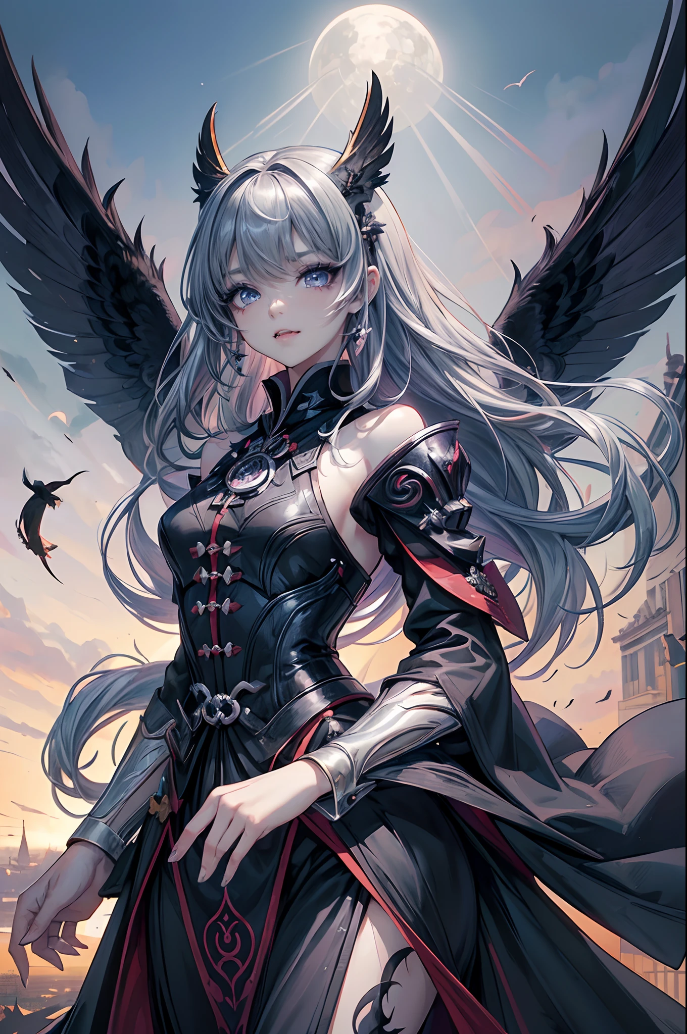 ((4K works))、masterpiece、(top-quality)、((high-level image quality))、((one beautiful women))、Slim body、((Black Y Shirt Fashion))、(Detailed beautiful eyes)、Crow on fantastic city background、((Face similar to Chaewon in Ruseraphim))、((shoulder-length hair))、((bright silver hair))、((Smaller face))、((Neutral face))、((Light blue eyes))、((Korean Women))、((18year old))、((Wild Lady))、((Wild look))、((Show your fangs and laugh))、((Korean makeup with black eyeshadow))、((elongated and sharp eyes))、((Shot alone))、((Fallen Angel))、((Fallen Angel Woman))、Photos of fallen angels、Villain、((amazing photo))、Photographed so that the whole body can be seen、horor、((There is a crow on the right shoulder))、Dark Proof、((Shot diagonally from the side))