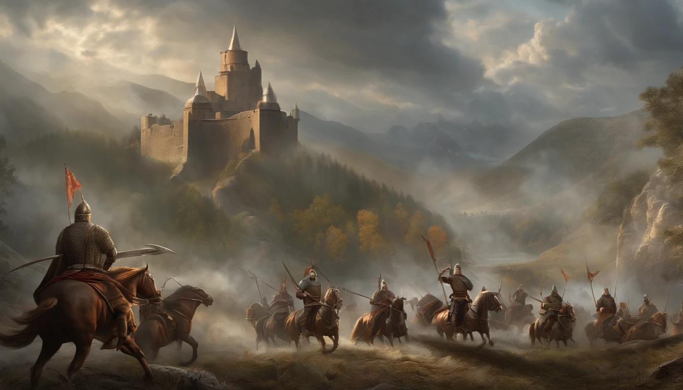 A close-up of a medieval war scene,The fighting was fierce,spectacular,The medieval crusaders fought a lot of terrifying battles(Minotaur team),Overwhelming enemies,On the plain,eventide,Medieval landscape,Fantastical,4K,best qualtiy,primitive,((Ultra-detailed and high-precision details)),Photo texture,真实感,Delicate and smooth,Light