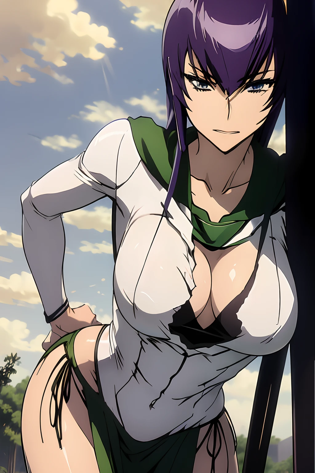 Saeko Busujima, traje de Powergirl, superman, Supergirl, cuerpo completo, capa verde, capa ondeando, Traje blanco, cielo, medio dia, tierra, sol,