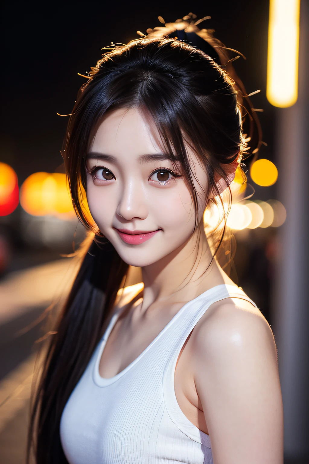 realistic photos of (1 Cute Korean Actress 25 Years Old), Tank top, In the city at night, Smiling, Canon EOS, Clear facial features, portrait closeup, Cinematic Mode, 8K、poneyTail、