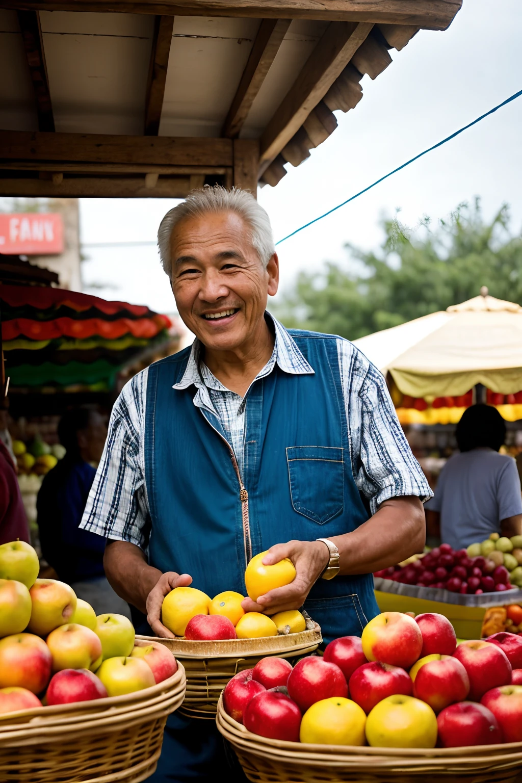 An old man in the market, selling a variety of fresh fruits. He has a warm smile on his face, wrinkles indicating his age. The fruit stand is filled with colorful fruits such as apples, oranges, and bananas. The old man's weathered hands carefully arrange the fruits, displaying them to passersby. The market is bustling with people, creating a lively atmosphere. The man wears a casual outfit, a simple sando and comfortable pants. His hair is black and neatly combed. The scene is bathed in warm, natural light, highlighting the vibrant colors of the fruits. The viewer feels curious about the man and his fruits, wanting to know more about his offerings.