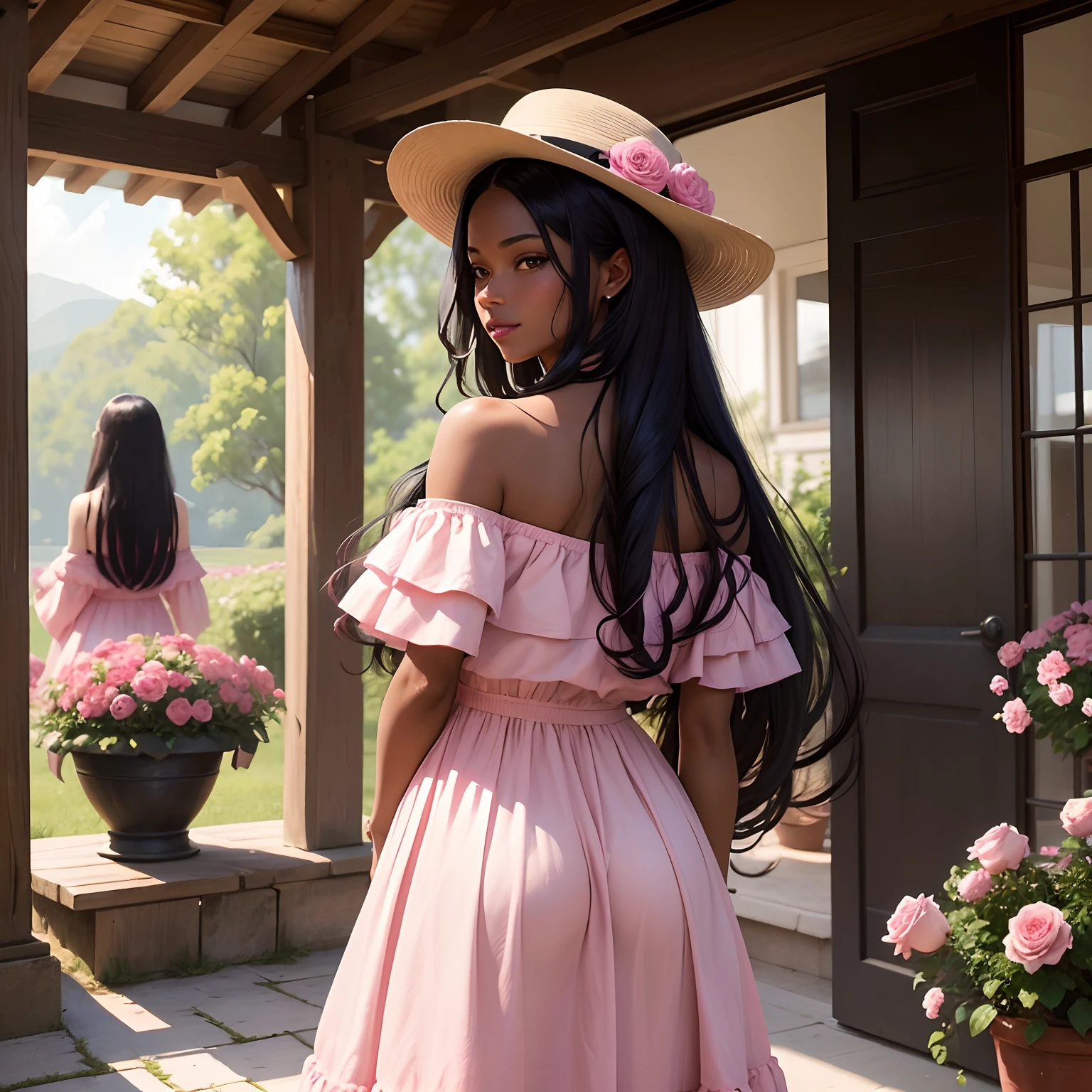 An old style oil painting landscape of differentypes of pink roses with different shades and hues of pink and a women with long black hair and dark skin in the back smillimg as if a picture is being taken while wearing a pink off the shoulder sundress