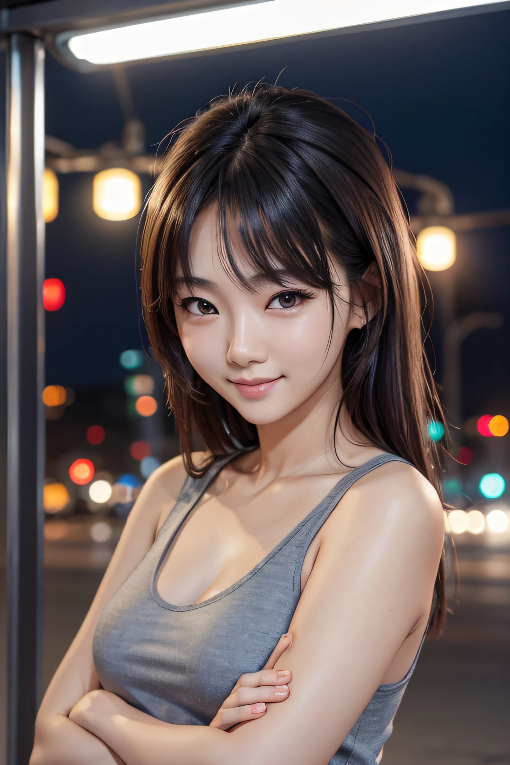 realistic photos of (1cute Korean actress), Tank top, In the city at night, Smiling, Canon EOS, Clear facial features, portrait closeup, Cinematic Mode, 8K