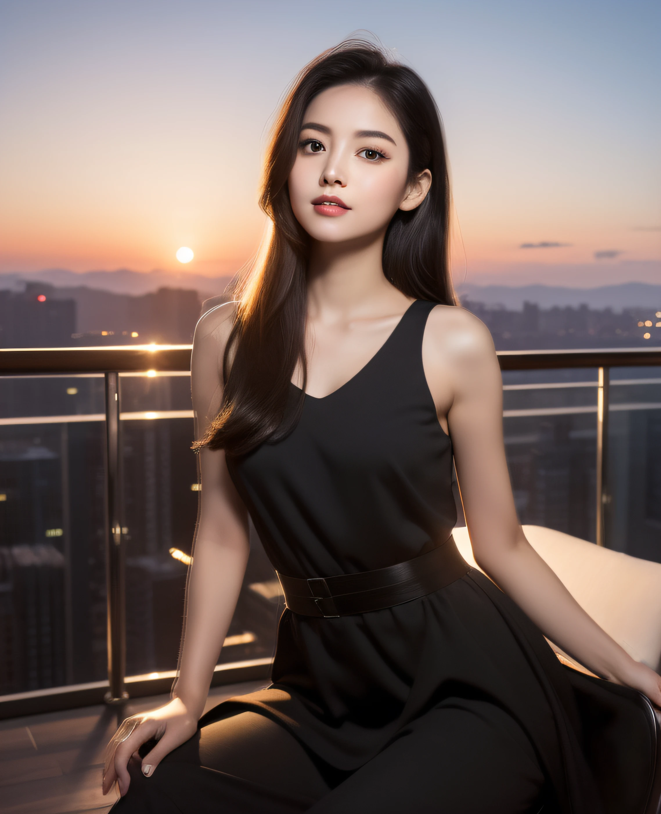 Sunset, ((highest resolution, 8K, masterpiece 1.3)), beautiful girl, pure, melon face, gentle and cute, sweet smile, pure desire, slender body, ((facing the camera)), (tilting her head) ), back, chic black adult dress, long smooth black straight hair, long flowing shoulders, round black big eyes, clear big eyes, moist red lips, sweet, sitting on a chair, night view terrace background, ((waist shot)),