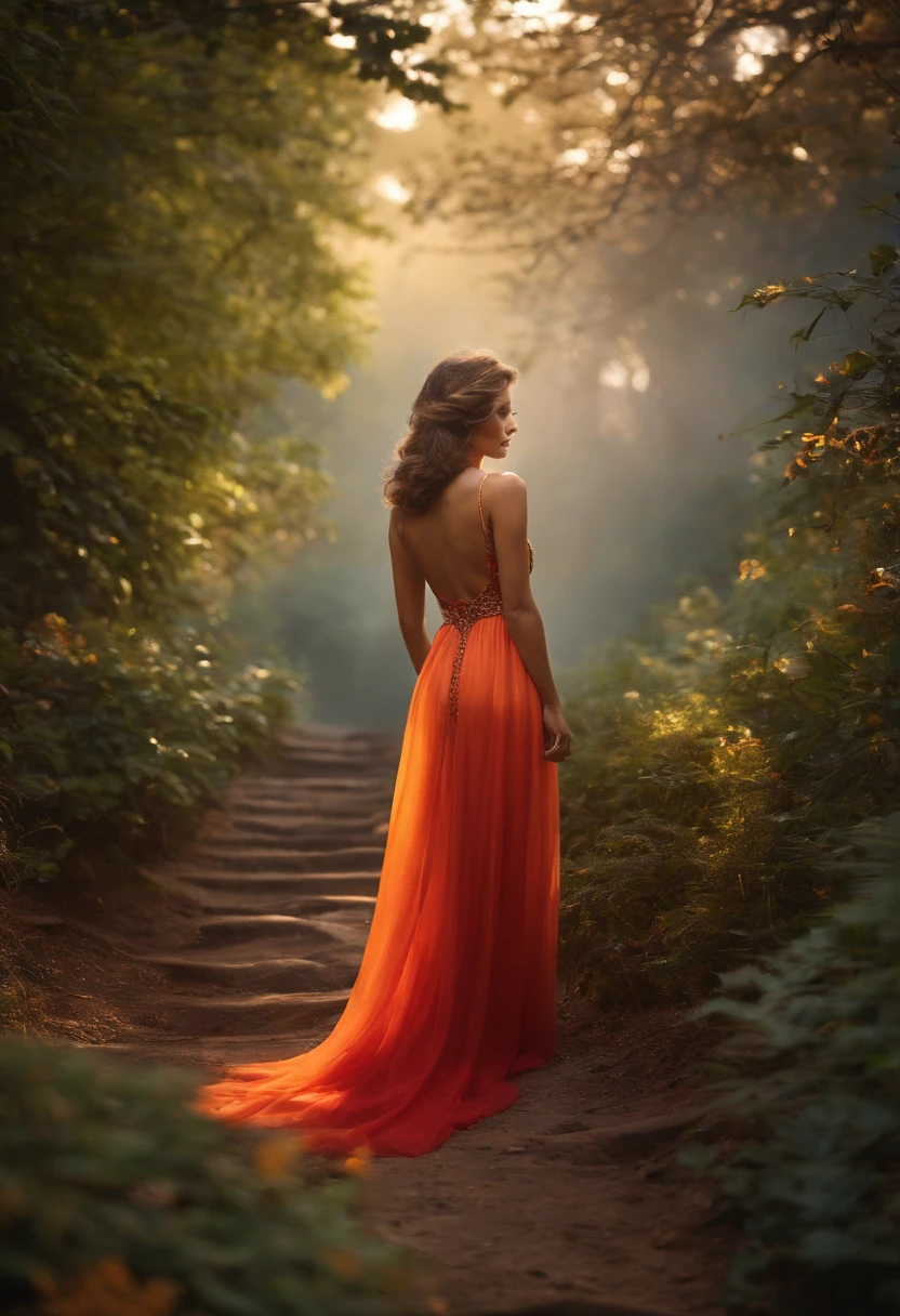 A woman in a long dress standing on a path in the woods - SeaArt AI
