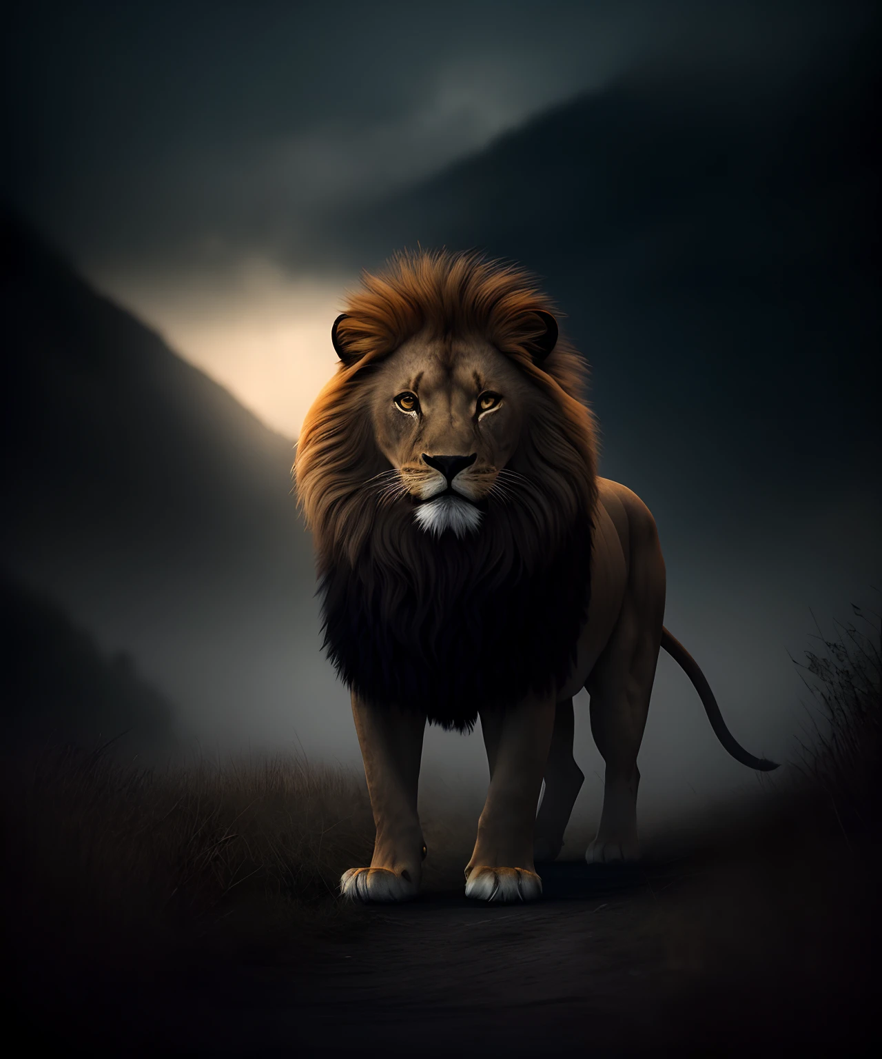a lion, epic, hdr, hyperdetailed, cinematic, muted colors, foggy bg