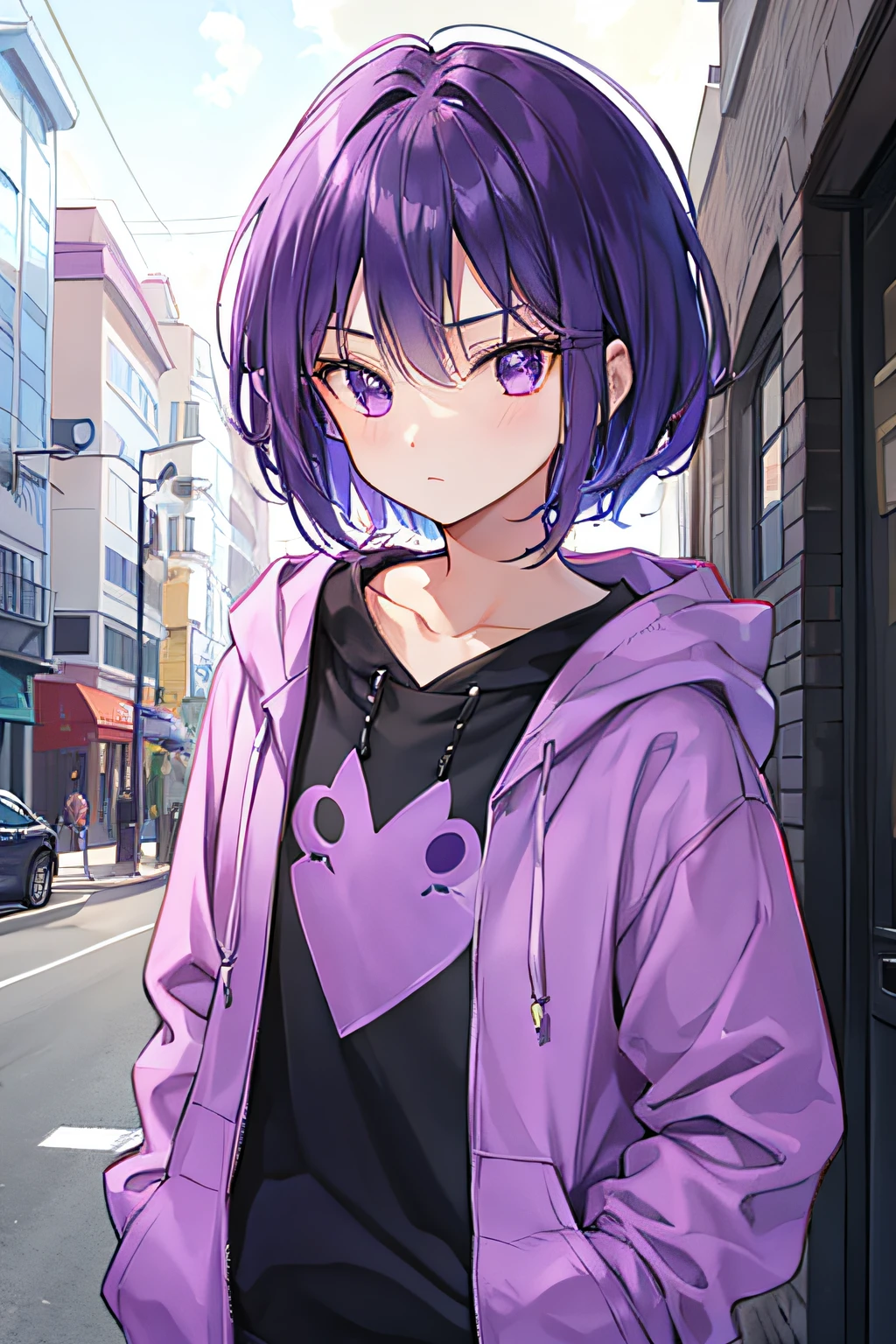 Boy with dark purple hair、Purple hoodie、bob