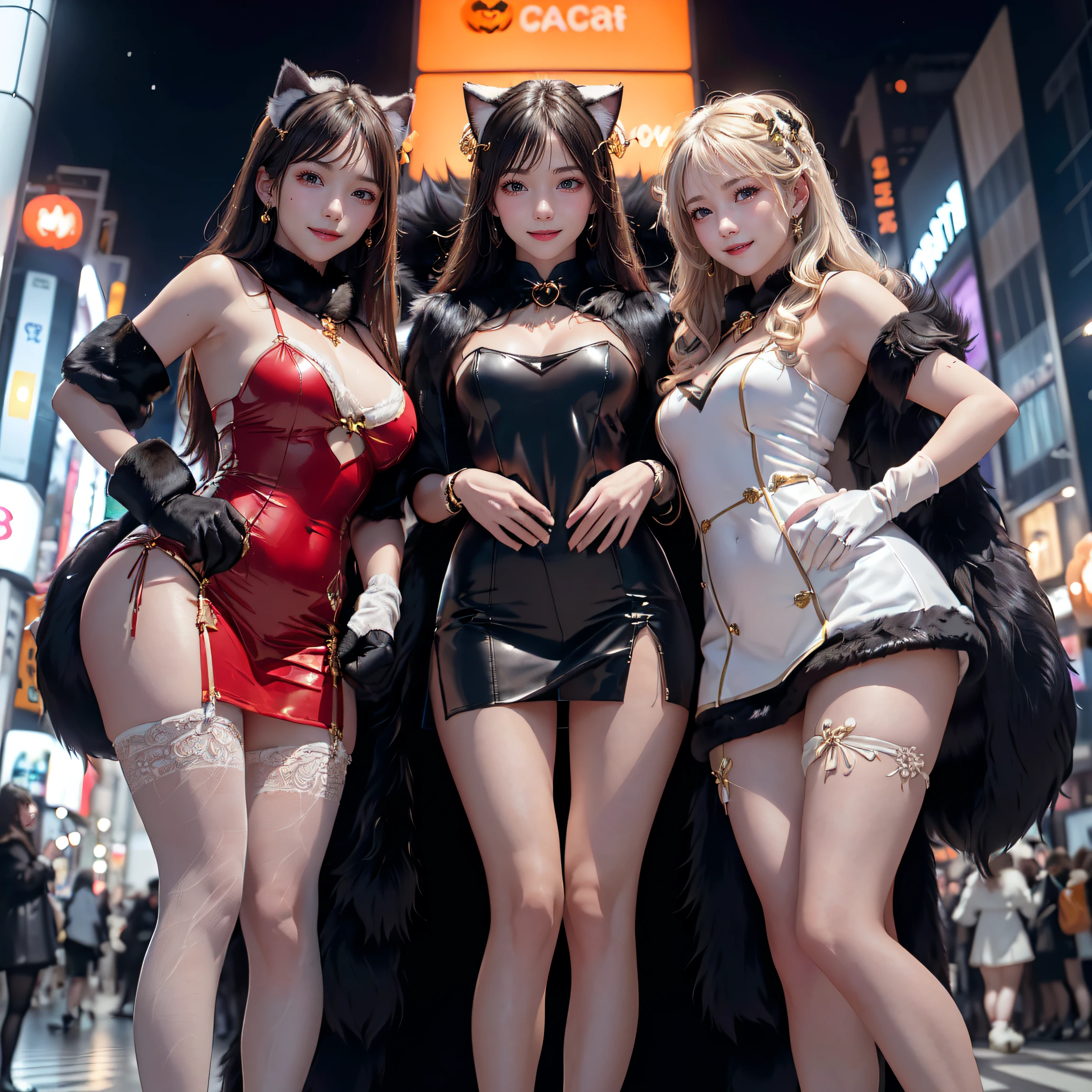 masterpiece, top-quality, top-quality, Beautifully Aesthetic:1.2, ((3girls)), Halloween night, 
((Middle girl is Wearing a high-quality Black Cat costume of fur, gloves of Cat, fur miniskirt):1.2), high detailed, 
((Left girl is Wearing a high-quality Red Cat costume of fur, gloves of Cat, fur miniskirt):1.2), high detailed, 
((Right girl is Wearing a high-quality Blue Cat costume of fur, gloves of Cat, fur miniskirt):1.2), high detailed, 
(Three girls are standing side by side in a neat line:1.3), large breasts, firm breast, nicely shaped breasts, slender figure, 
((Dark Brown Hair)), wavy hair, (medium long hair:1.2), 
((At the middle of very crowded Shibuya Scramble Crossing decorated with Halloween decorations at late night:1.2)), ((Surrounded by many people dancing for Three girls)), (Full body shot:1.1), (From below:1.3), (Looking at viewer),