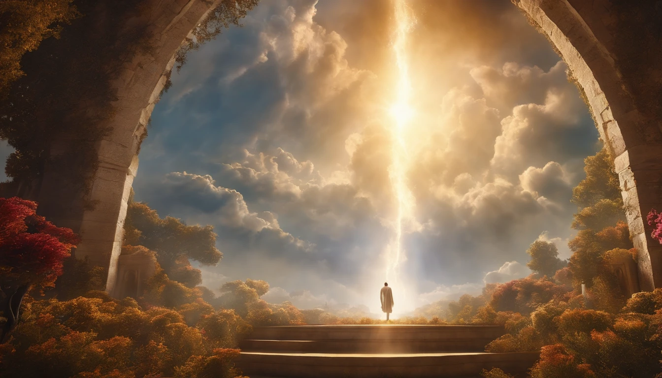 The Rapture ,Thousands of people are floating in the air,Standing on the clouds, Thousands of people are dressed in white, Raise your hands and sing hymns to praise God. The scenes are magnificent and surreal. (Best Quality, 4k, 8K, high resolucion, Masterpiece:1.2), Ultra-detailed, (realisitic, Photorealistic, Realistis:1.37), portrait of a, Vivid colors, studio lit, Sharp focus, physics based rendering, extreme detail description, Biblical Topics, grand ambience, radiant light.