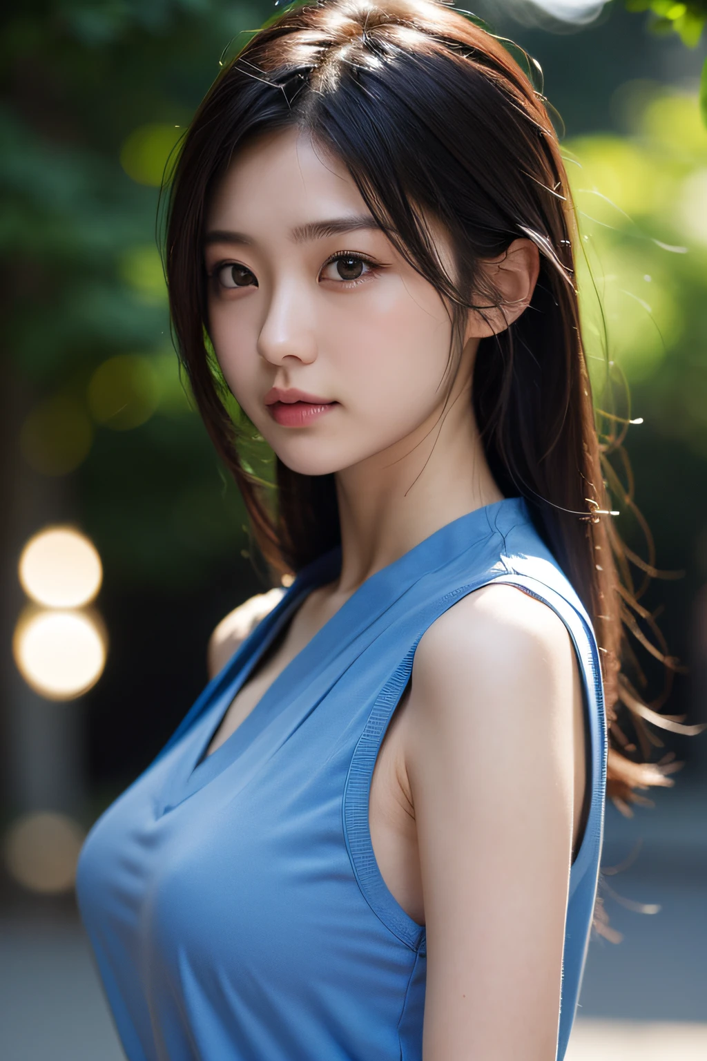 Woman,25-year-old Japanese,Blue shirt,Sleeveless,Realistic details, High resolution,Bokeh,excellent details