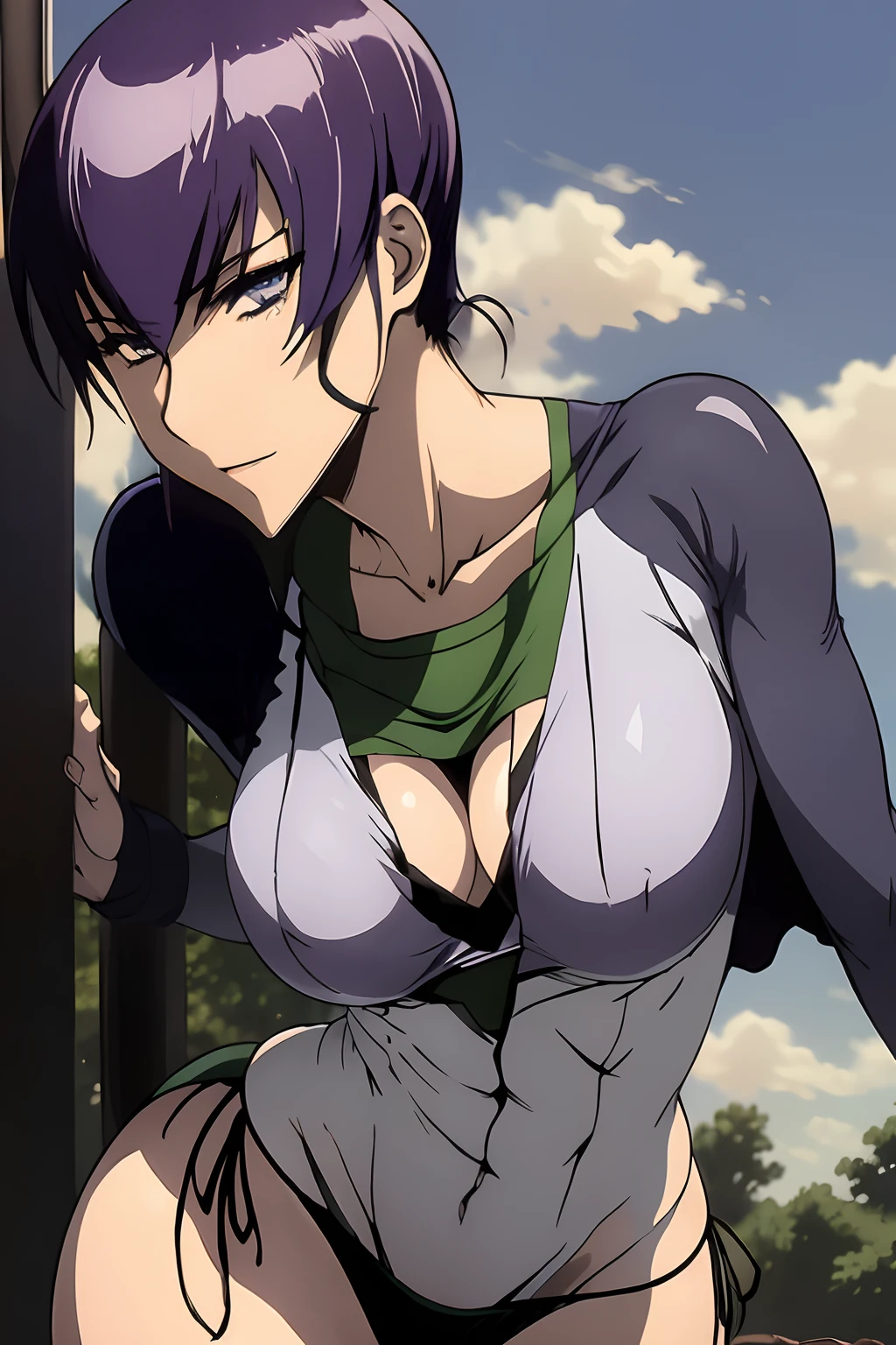 Saeko Busujima, traje de Powergirl, superman, Supergirl, cuerpo completo, capa verde, capa ondeando, Traje blanco, cielo, medio dia, tierra, sol
