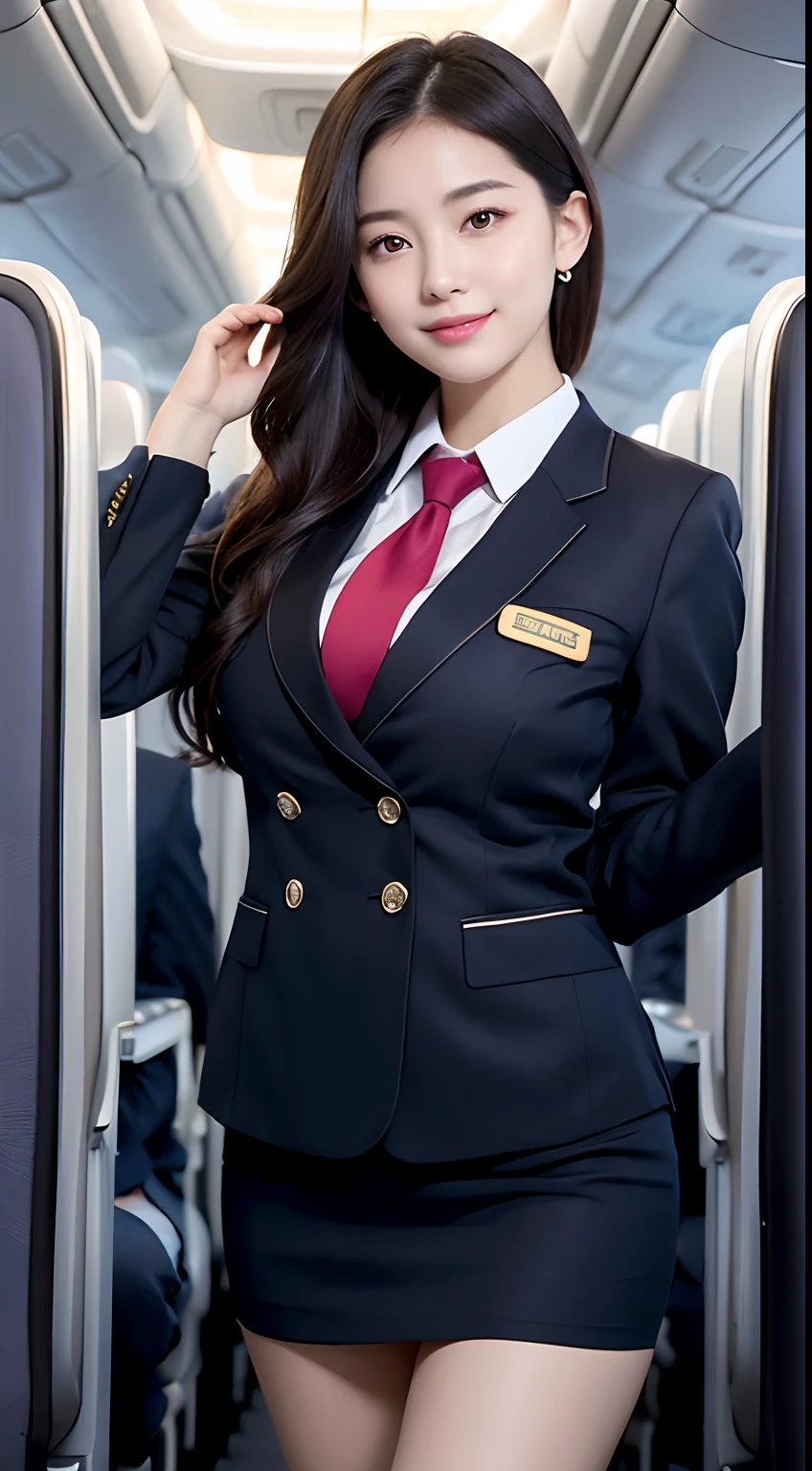 top-quality, ​masterpiece, 8K, 超A high resolution, (Photorealsitic:1.4), 1girl in、beautiful countenance、symmetrical eye、huge tit、Perfect body proportion、stewardess uniform、Look at viewers、(Inside the plane:1.2)、front-facing view、Shoulder、Absolute Area(1.3)、a miniskirt、