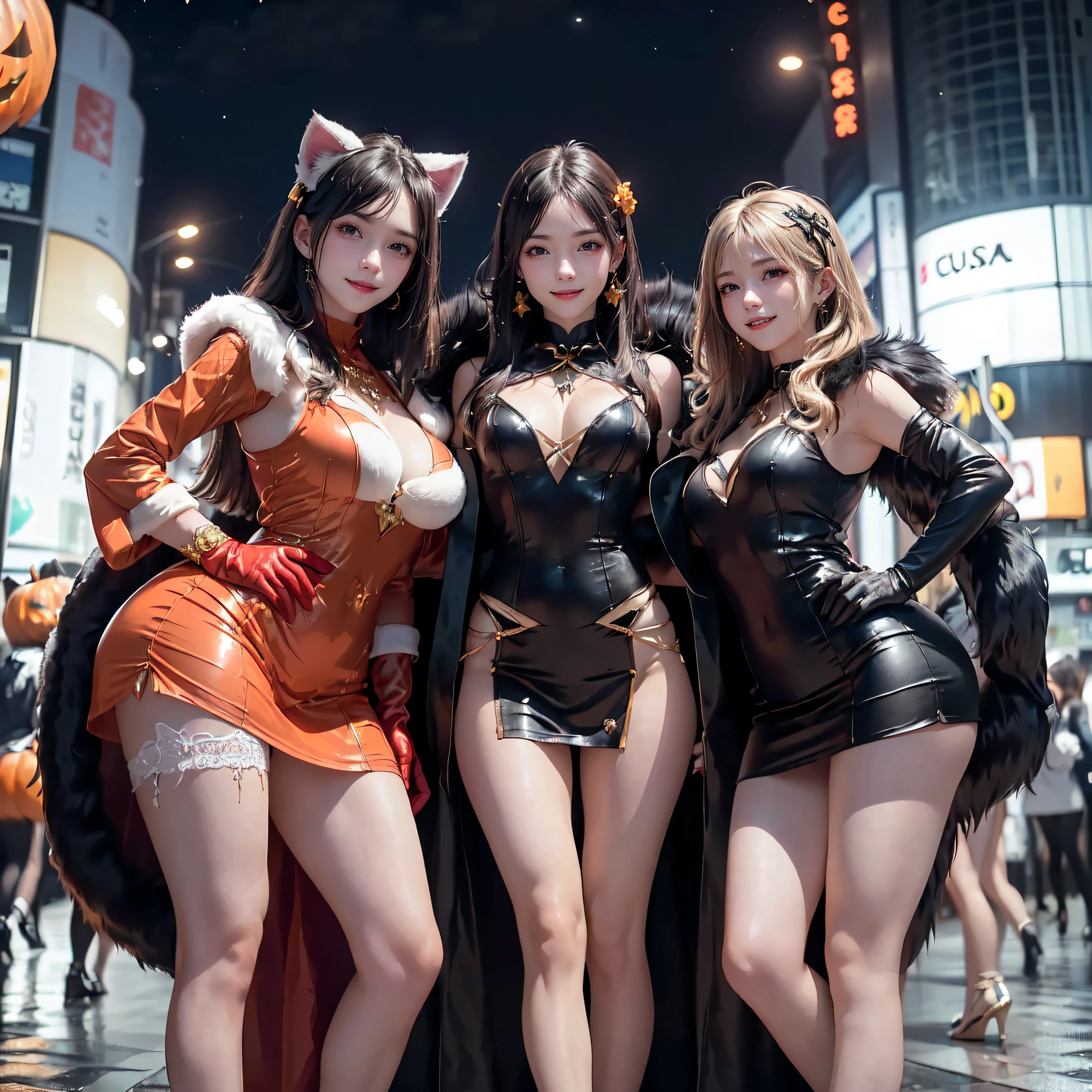 masterpiece, top-quality, top-quality, Beautifully Aesthetic:1.2, ((3girls)), Halloween night,
((Middle girl is Wearing a high-quality Black Cat costume of fur, gloves of Cat, fur miniskirt):1.2), high detailed,
((Left girl is Wearing a high-quality Red Cat costume of fur, gloves of Cat, fur miniskirt):1.2), high detailed,
((Right girl is Wearing a high-quality Blue Cat costume of fur, gloves of Cat, fur miniskirt):1.2), high detailed,
(Three girls are standing side by side in a neat line:1.3), large breasts, firm breast, nicely shaped breasts, slender figure,
((Dark Brown Hair)), wavy hair, (medium long hair:1.2),
((At the middle of very crowded Shibuya Scramble Crossing decorated with Halloween decorations at late night:1.2)), ((Surrounded by many people dancing for Three girls)), (Full body shot:1.1), (From below:1.3), (Looking at viewer),