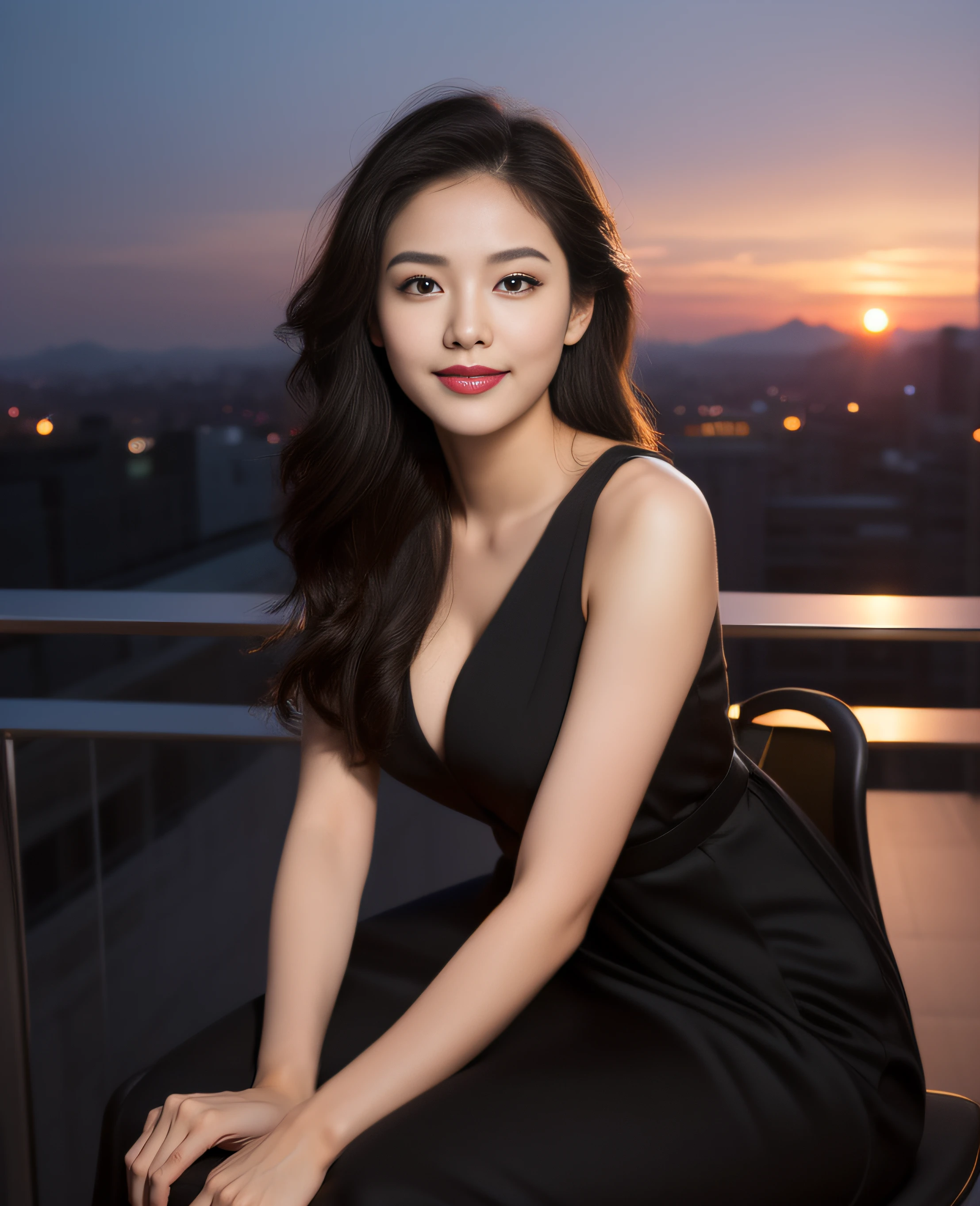 Sunset, ((highest resolution, 8K, masterpiece 1.3)), beautiful girl, pure, melon face, gentle and cute, sweet smile, pure desire, slender body, ((facing the camera)), (tilting her head) ), back, chic black adult dress, long smooth black straight hair, long flowing shoulders, round black big eyes, clear big eyes, moist red lips, sweet, sitting on a chair, night view terrace background, ((waist shot)),