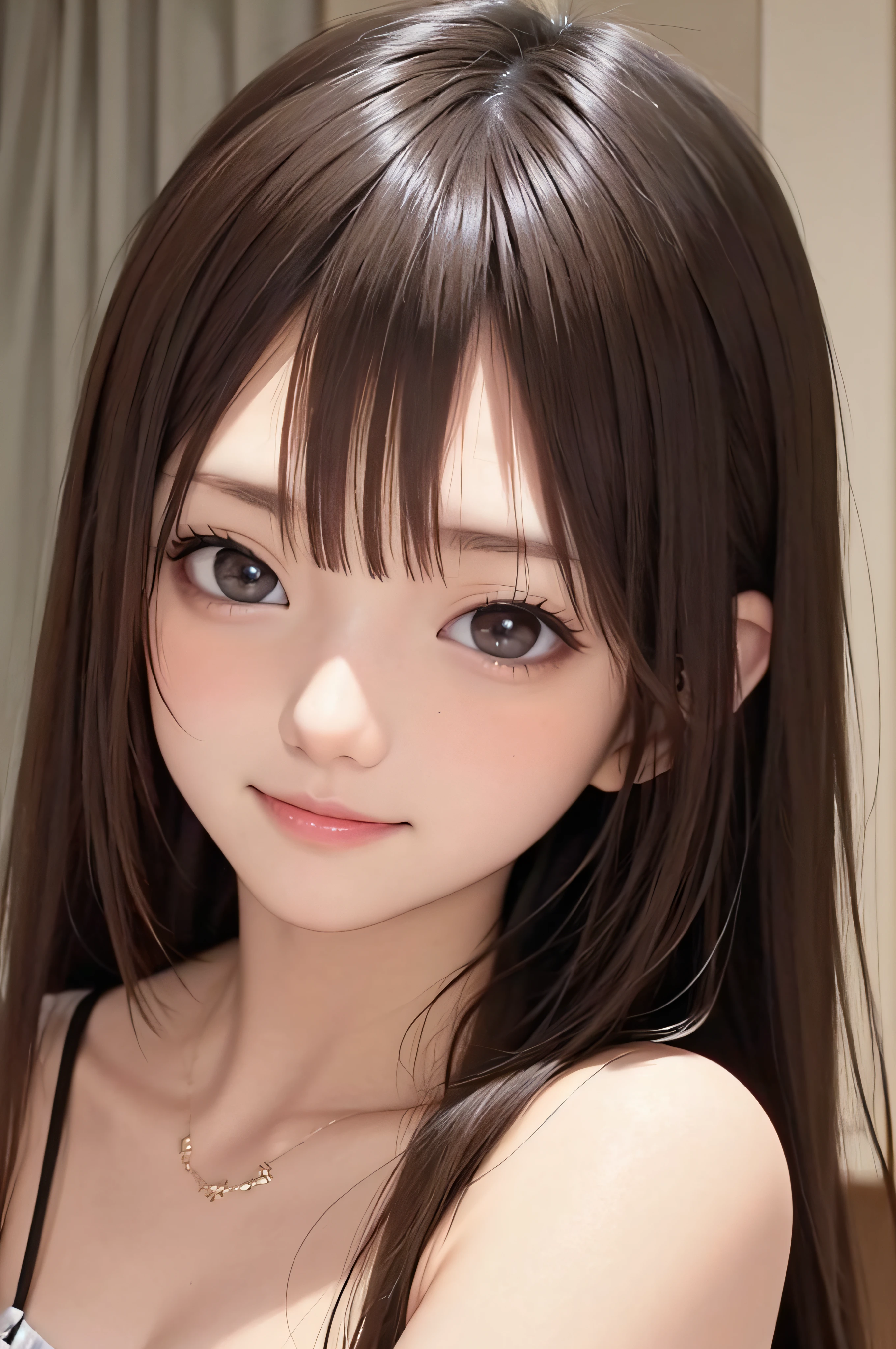 13years、brown haired、Realistic eyes、real looking skin、small tits、(8K、​masterpiece)、(reallistic、Photorealsitic)、top-quality、ighly detailed、The ultra-detailliert、Beautie、cute little、japanes、idol、a smile、Close-up portrait、Healthy face