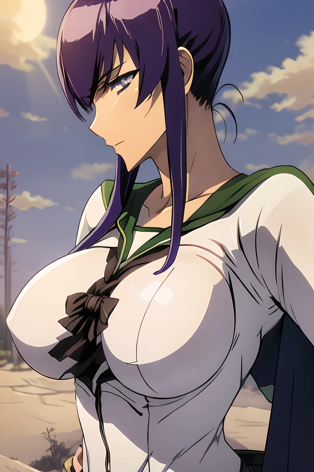 Saeko Busujima, traje de Powergirl, superman, Supergirl, cuerpo completo, capa verde, capa ondeando, Traje blanco, cielo, medio dia, tierra, sol