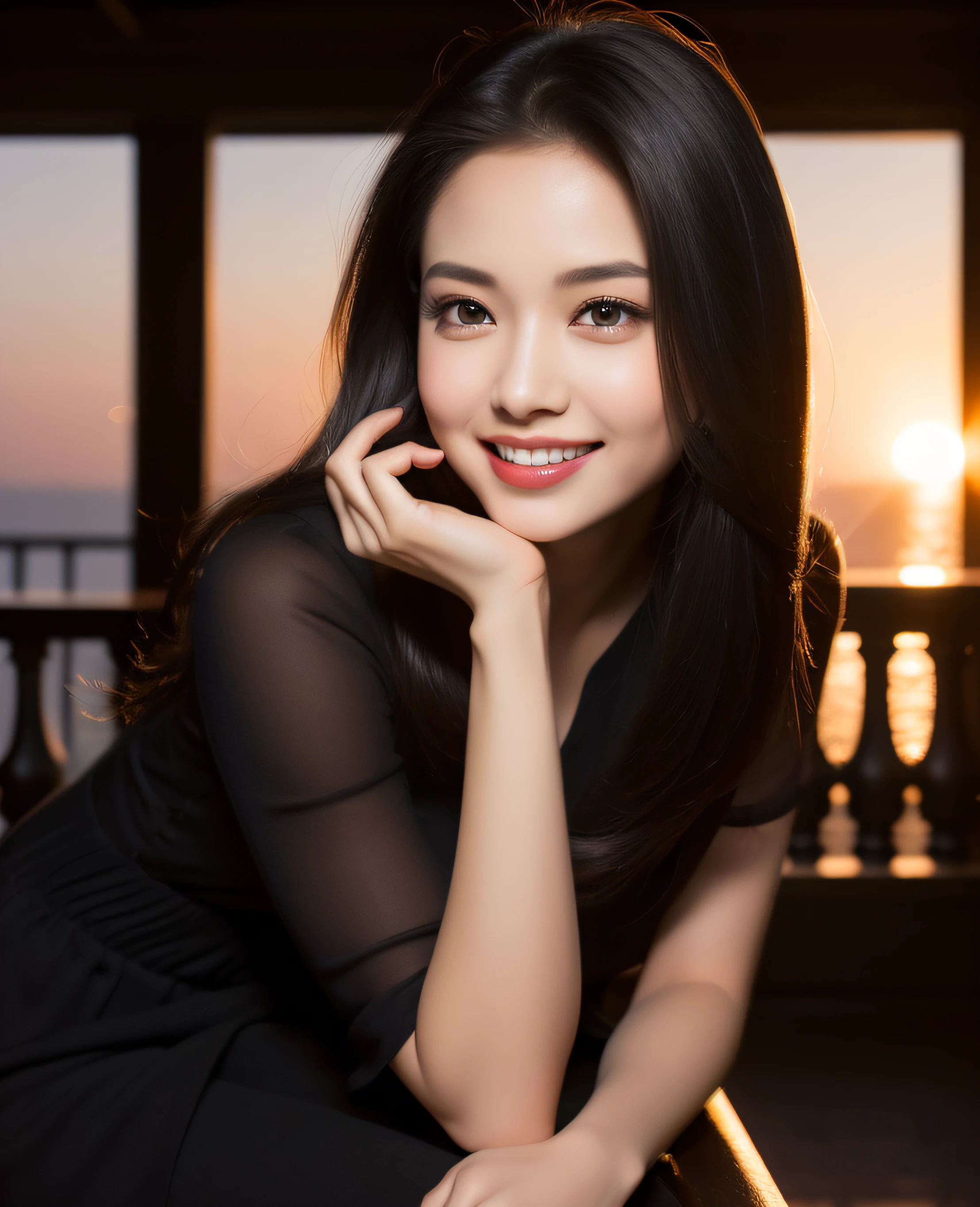 Sunset, ((highest resolution, 8K, masterpiece 1.3)), beautiful girl, pure, melon face, gentle and cute, sweet smile, pure desire, slender body, ((facing the camera)), (tilting her head) ), back, chic black adult dress, long smooth black straight hair, long flowing shoulders, round black big eyes, clear big eyes, moist red lips, sweet, sitting on a chair, night view terrace background, ((waist shot)),