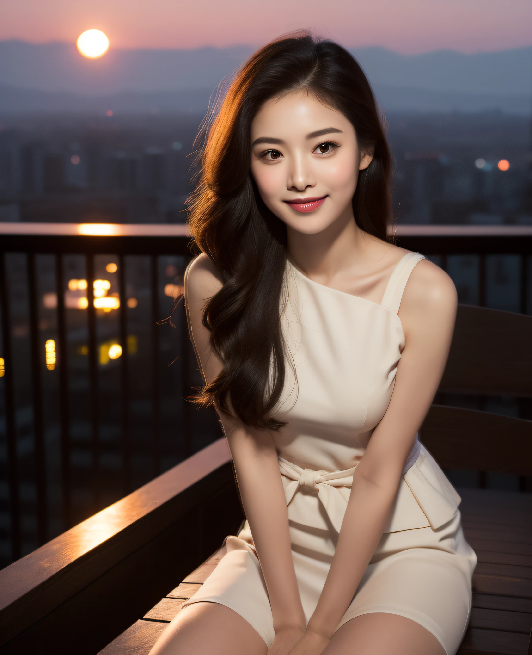 Sunset, ((highest resolution, 8K, masterpiece 1.3)), beautiful girl, pure, melon face, gentle and cute, sweet smile, pure desire, slender body, ((facing the camera)), (tilting her head) ), back, chic black adult dress, long smooth black straight hair, long flowing shoulders, round black big eyes, clear big eyes, moist red lips, sweet, sitting on a chair, night view terrace background, ((waist shot)),