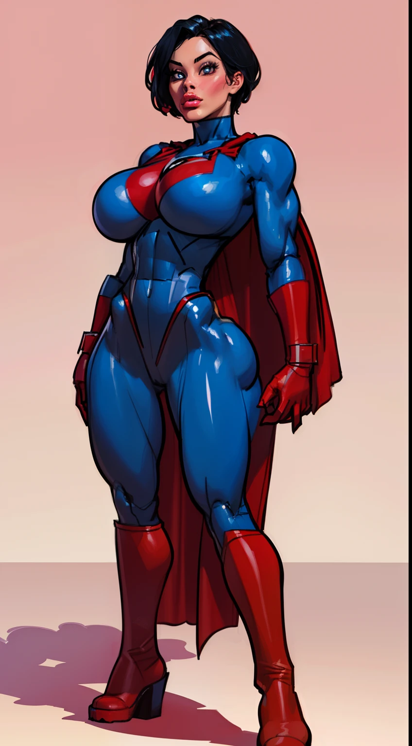 ((masterpiece)),(((best quality))),((character design sheet)), ((full body view)) illustration,(female superhero), (black hair:1.1), muscular, ((blue bodysuit:1.5)), superhero, (red cape:1.5) ((detailed face:1.4)) beautiful woman, (small head:1.2) ((gigantic breasts:1.6)) (((red boots:1.4))), (buzzcut:1.1), shiny skin,(puffy lips:1.5), (wide hips:1.3), hip dips, detailed lips, (((red gloves:1.4))) rough sketches, pose, 8k,16k, (simple background, white background: 1.3)