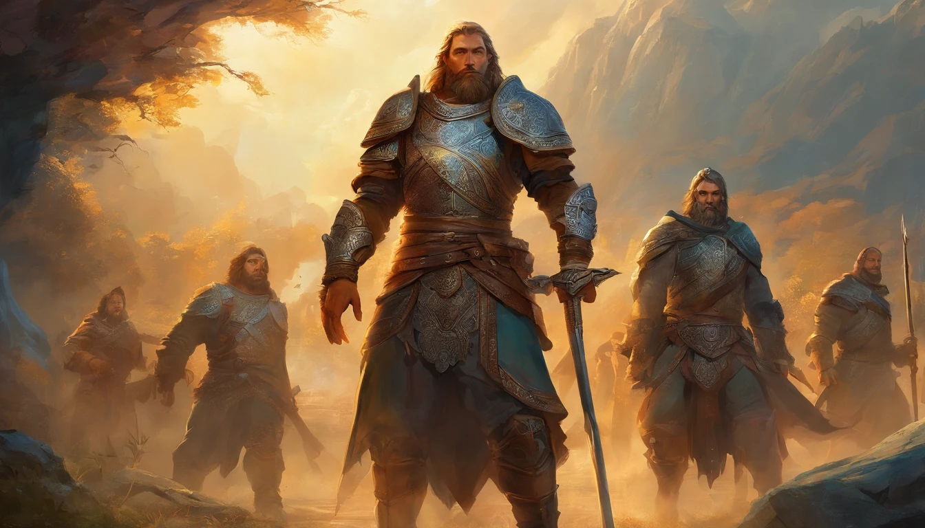 Ancient Russian Warriors, Battle with humanoid lizards,Ancient Warriors, Carved in Stone,Mythic Battle Scene,Detailed armor and weapons, Clouds of smoke and fire,High-resolution illustration or photorealistic painting,Carved stone textures and realistic skin textures,Dynamic postures and facial expressions,Ancient ruins,High mountains and dense forests,Overcast sky with rays of sunshine, Breaking through the clouds,Dramatic lighting and shadows,Orus & Epic,Traditional style of oil painting,Rich and vibrant colors