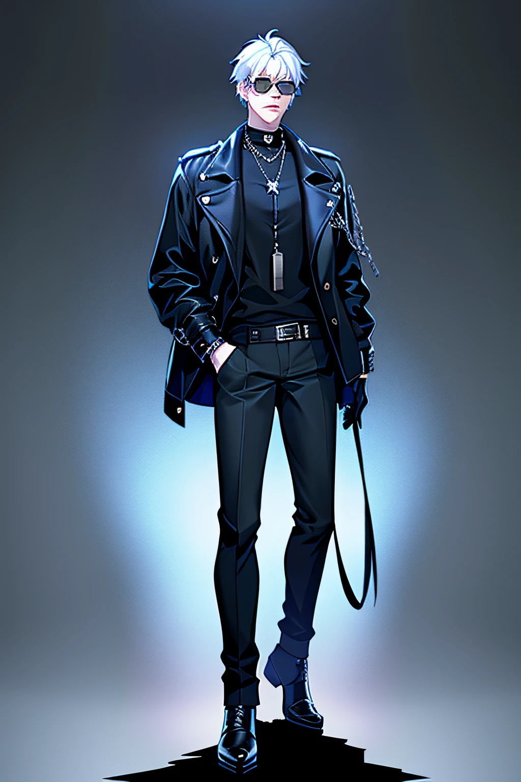 Character standing drawing,Modern design,1boys,Anime characters with white hair and black clothes holding chains，Male focus,Solo,Jacket,Black hair,Pants,Torn clothes,jewelry,blackfootwear,sunglasses,mitts,greybackground,Hand in pocket,full bodyesbian,Black gloves,Simple background,necklace,belt,jacket removed,dog tags,Torn pants,Black jacket,Short hair,Look at the leather,wristwatch, handsome guy in demon killer art, beautiful male god of death, Inspired by Bian Shoumin, male anime character, An anime cover, a silver haired mad, Tall anime guy with blue eyes