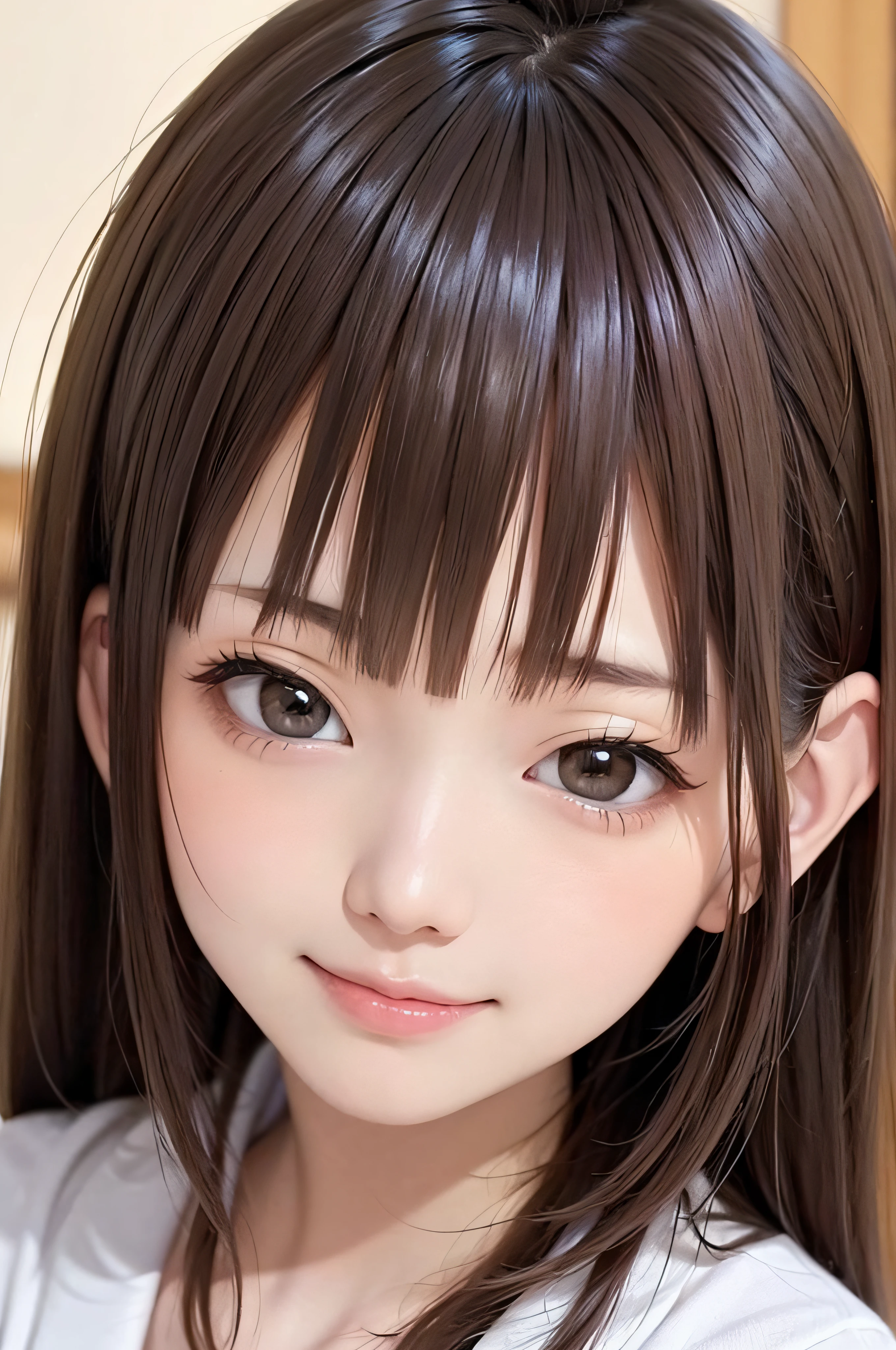 sixteen years old、brown haired、Realistic eyes、real looking skin、small tits、(8K、masterpiece)、(reallistic、Photorealsitic)、top-quality、ighly detailed、The ultra-detailliert、Beautie、cute little、japanes、idol、a smile、Close-up portrait、Healthy face