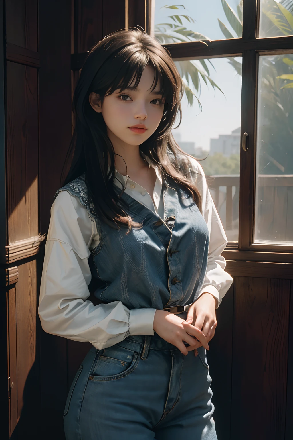 (RAW photo, 4k, masterpiece, high res, extremely intricate) (photorealistic:1.4), cinematic lighting
1girl, solo focus, summer noon, hot, 1990s \(style\),cowboy shot,indoors