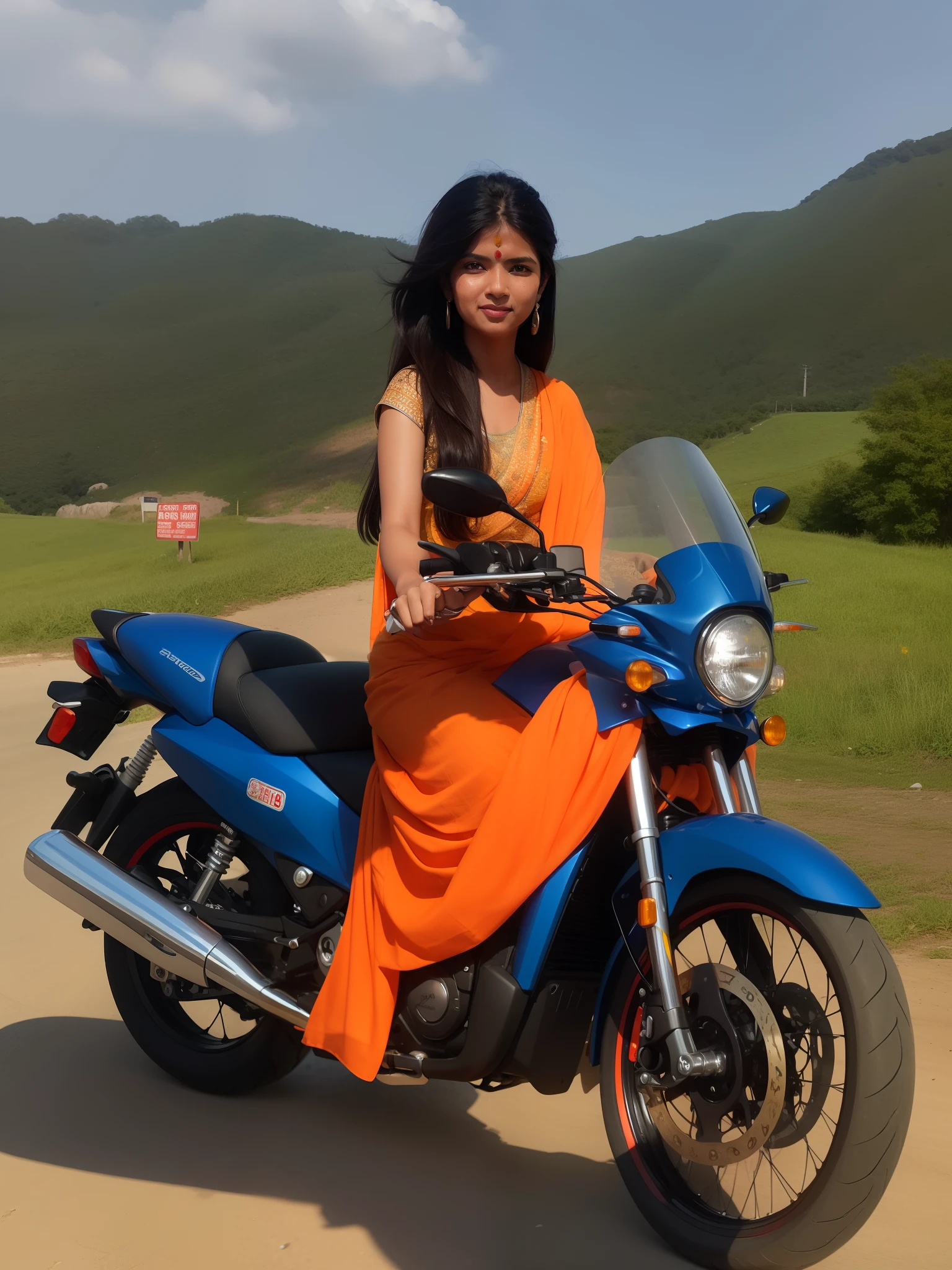 woman sitting on a motorcycle in a rural area with a blue and yellow outfit, without helmet, picture of a female biker, indian, photo taken in 2 0 2 0, dressed in a sari, sitting on a motorcycle, taken with sony alpha 9, wearing a sari, touring, portait image, with village, !!natural beauty!!, on a road