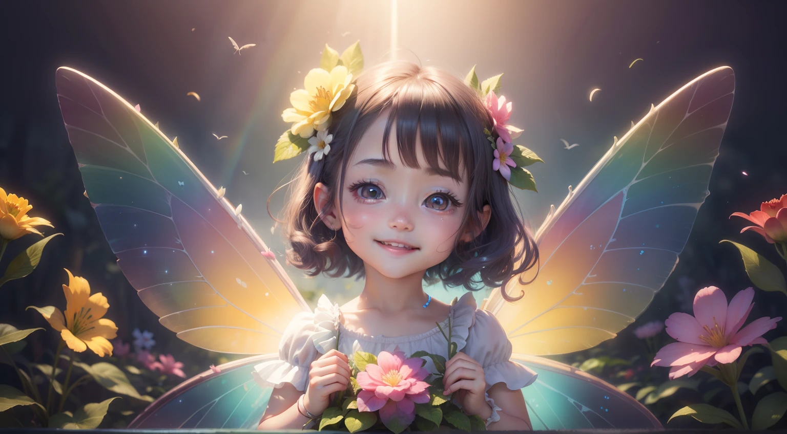 Cute flower fairy ,Transparent colored wings, The smile is bright,Let's be happy,Beautiful garden background,Bright rainbow-colored landscape,plethora of colors,Rich in elements,Facial features are super detailed,Ultra-high sharpness、k hd、8K、