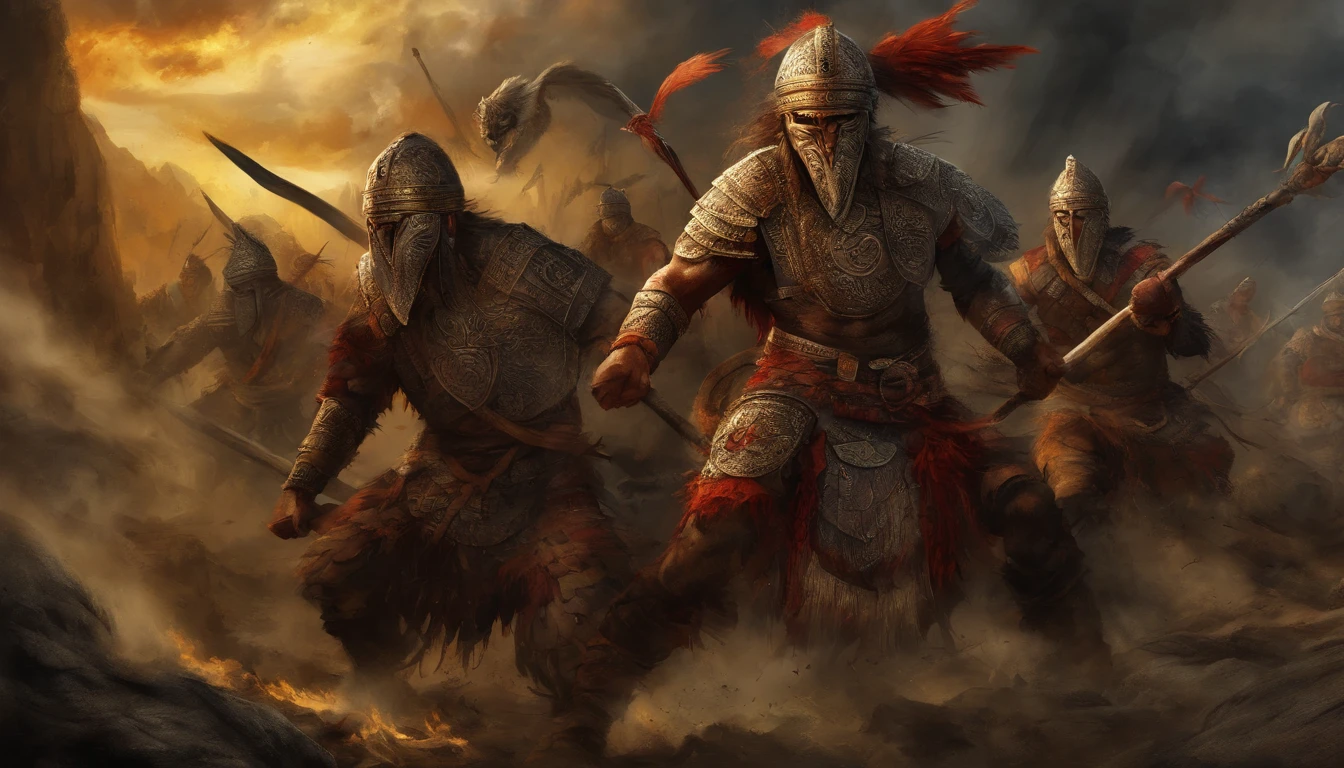 Ancient Russian Warriors, Battle with humanoid lizards,Ancient Warriors, Carved in Stone,Mythic Battle Scene,Detailed armor and weapons, Clouds of smoke and fire,High-resolution illustration or photorealistic painting,Carved stone textures and realistic skin textures,Dynamic postures and facial expressions,Ancient ruins,High mountains and dense forests,Overcast sky with rays of sunshine, Breaking through the clouds,Dramatic lighting and shadows,Orus & Epic,Traditional style of oil painting,Rich and vibrant colors