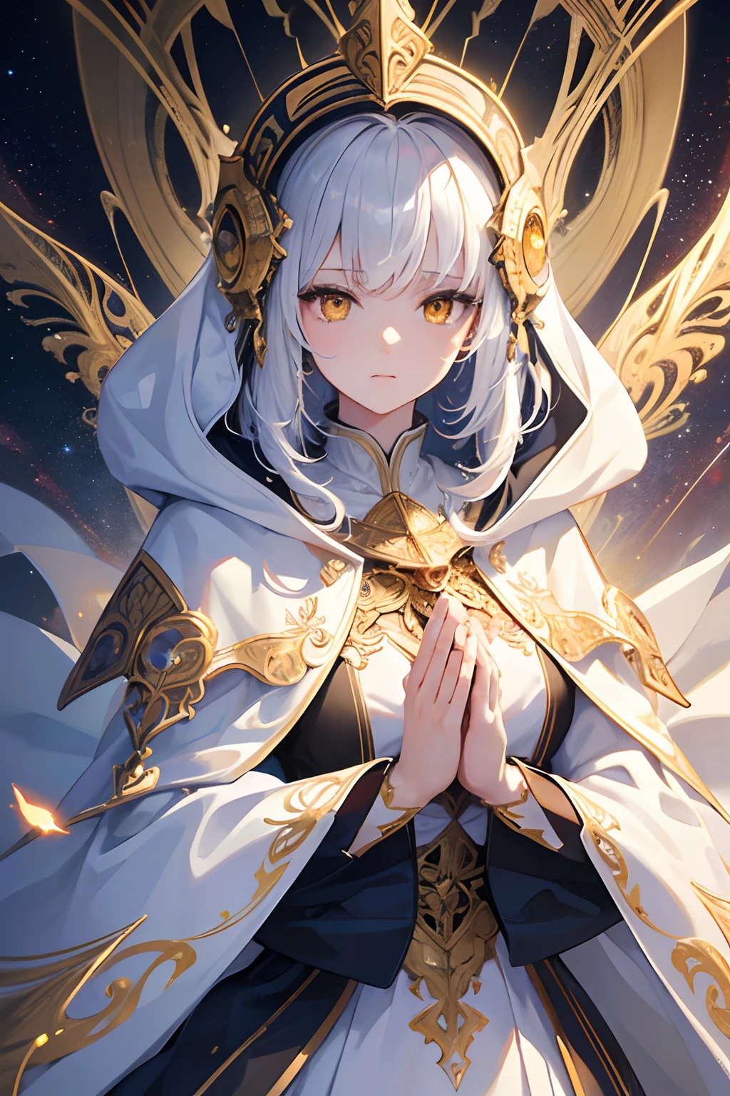 masterpiece, top quality, best quality, official art, beautiful and aesthetic:1.2), (1girl), extreme detailed, (fractal art:1.3), colorful, highest detailed, perfect face, upper body, HDR, (praying:1.3), (white cloak golden lines:1.2), galaxy, (light streaks), striking visuals, (dynamic streaks, luminous trails:1.2), vibrant colors, white hair, yellow eyes