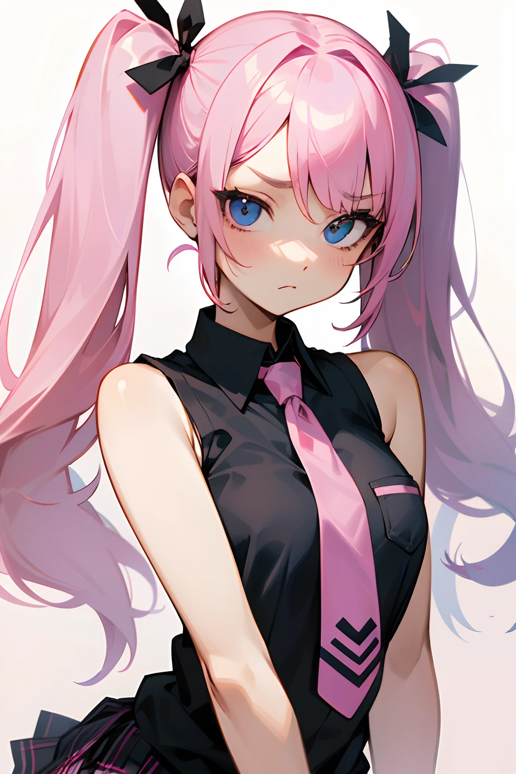 Girl with pink hair、twin tails、Black sleeveless shirt、pink tie、Expressionless、Raising legs