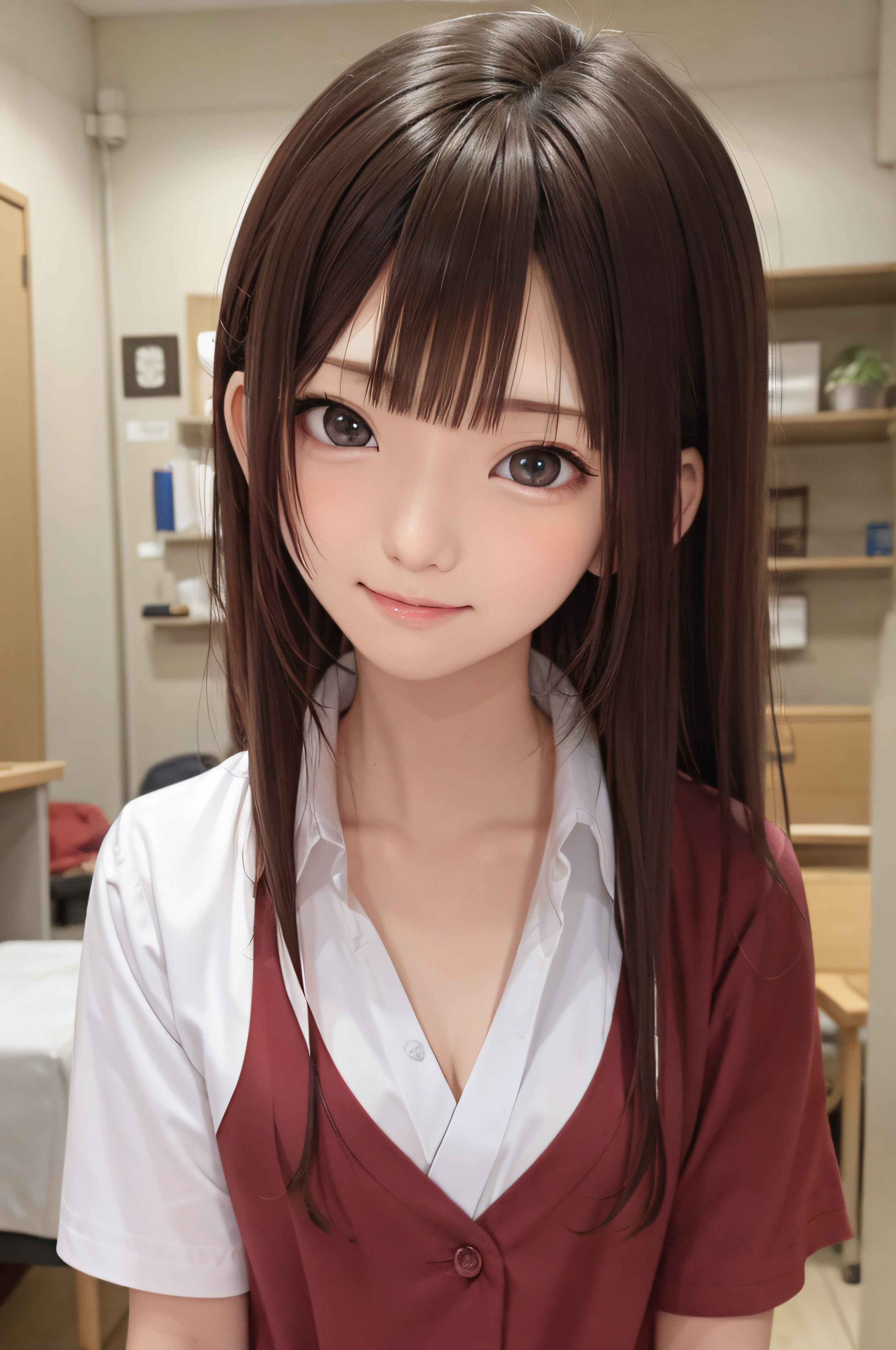 14years、brown haired、beautidful eyes、real looking skin、hi-school girl、校服、small tits、(8K、​masterpiece)、(reallistic、Photorealsitic)、top-quality、ighly detailed、The ultra-detailliert、Beautie、cute little、japanes、idol、a smile、Close-up portrait、Healthy face、with light glowing