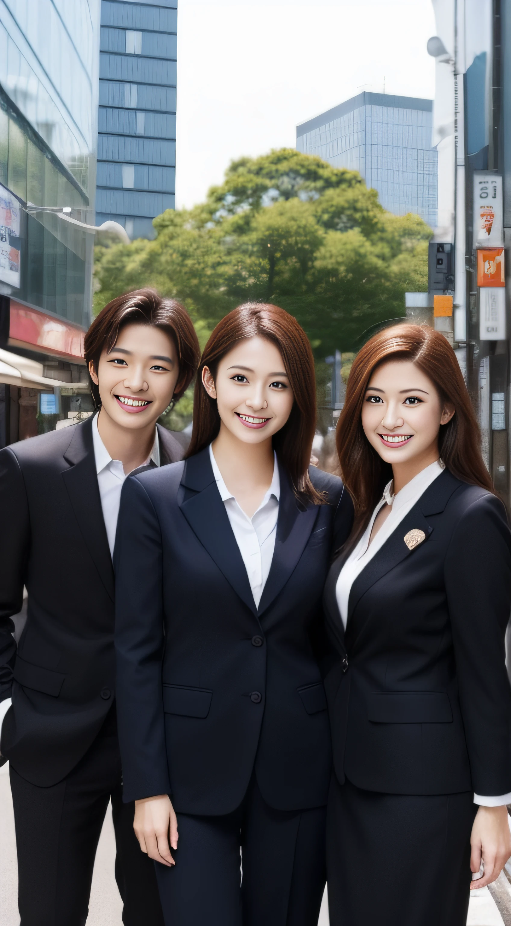 The face is a hostess、Business suits、group、hiquality、A hyper-realistic、healthy、Smiling expression、Slender perfect figure、Japan beauties、beautidful eyes、face perfect、Beautiful skin、the background is a tall building